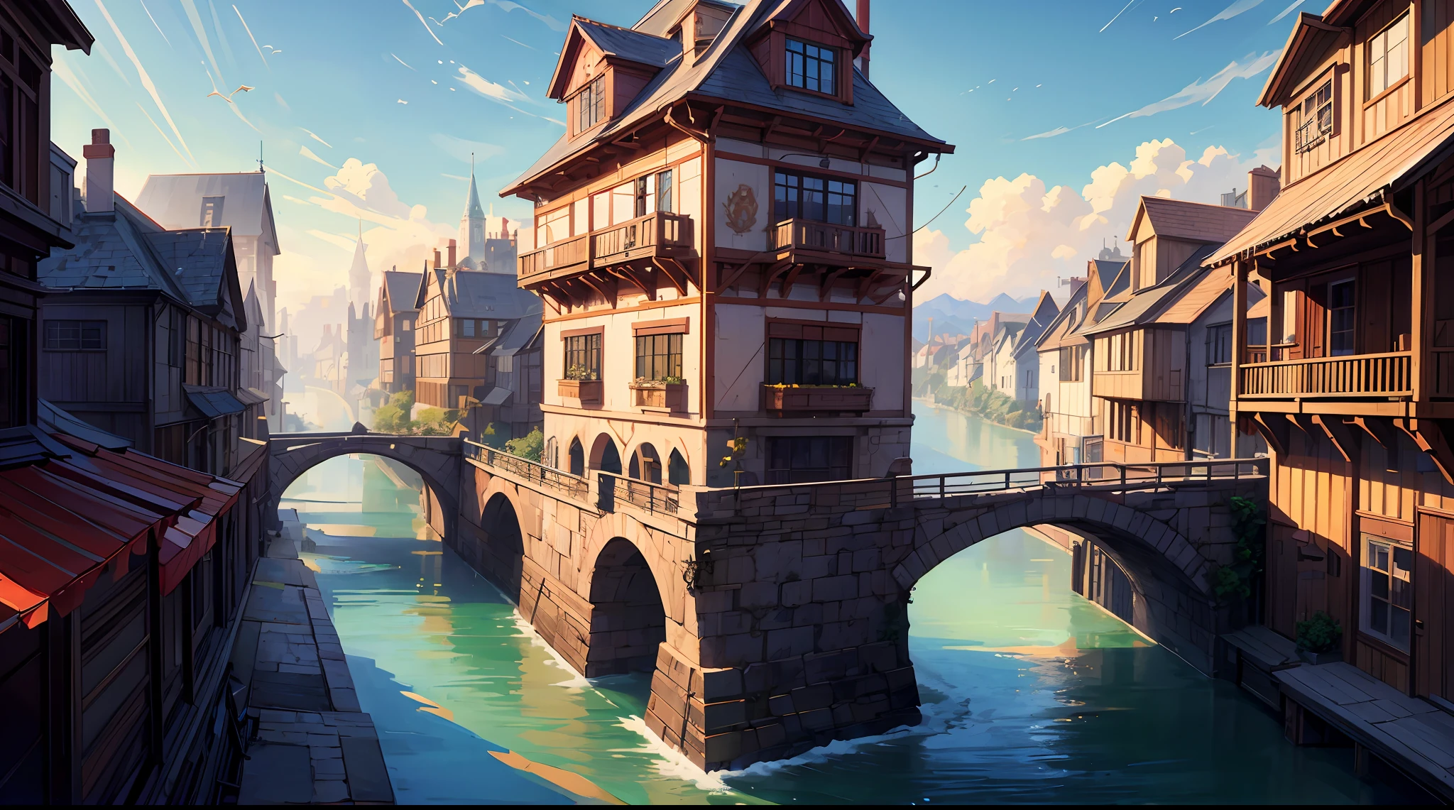 masterpiece, concept art, a painting of a city with a river running through it, by Tyler Edlin, trending on Artstation, peaked wooden roofs, screenshot from a 2012s anime, imaginefx : : hyperrealism, houses on stilts, joongwon jeong, widescreen shot, james jean marc simonetti, dribbble, docks, furry fantasy art, pseudo - medieval fantasy
