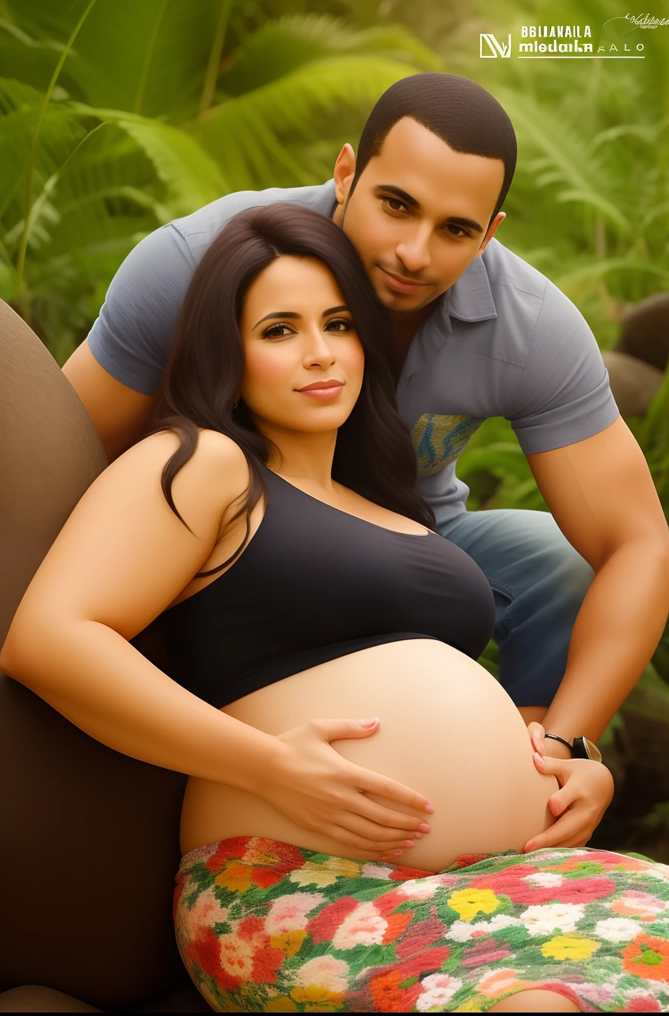 Pregnant woman sitting on a rock with her husband, 3 5 year brazilian mother, pregnant belly, Malika Favre, Mulher de 30 anos de Cuba, pregnant, Directed by: Willian Murai, her belly is fat and round, fotografia materna 4K, gravidez, Directed by: Nandor Soldier, Parece Fabiula Nascimento, Lovely couple