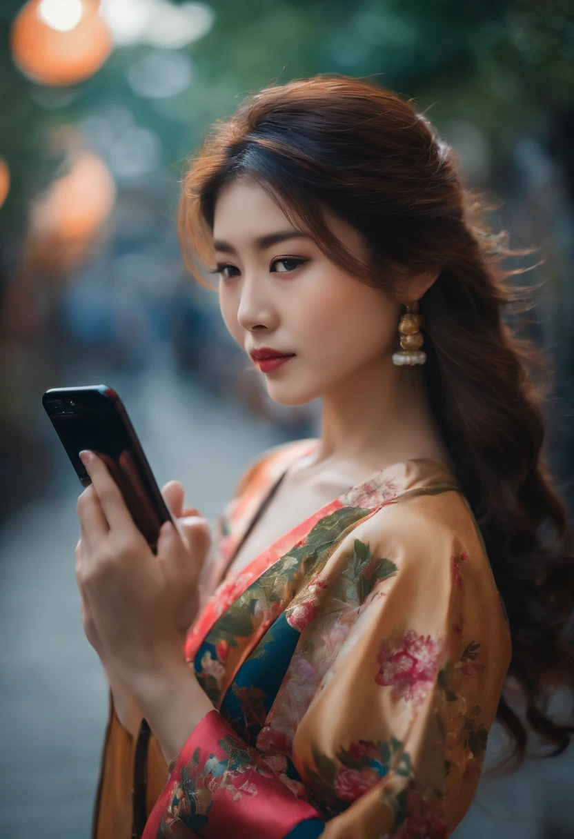 japanes　in her 20s　femele　Holding a smartphone　Longhaire　soio