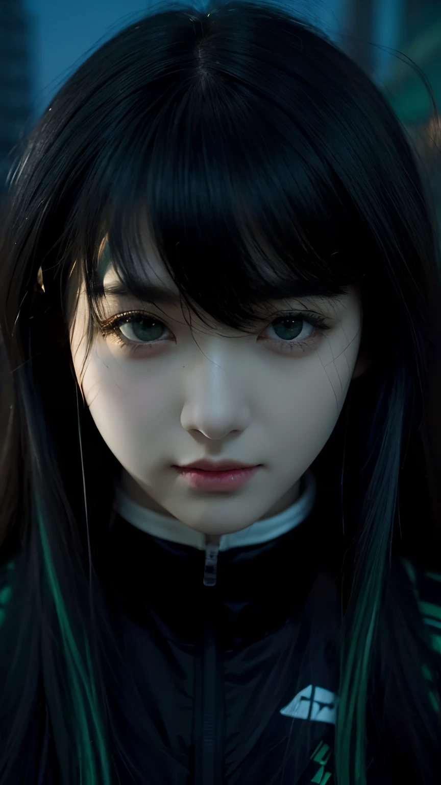 A girl with realistic black and green long hair, exact same hairstyle, realistic green eyes, realistic Korean beautiful face, realistic cool expression,Adapt exact clothing, realistic night light, realistic shadows, realistic backgrounds, realistic outdoors