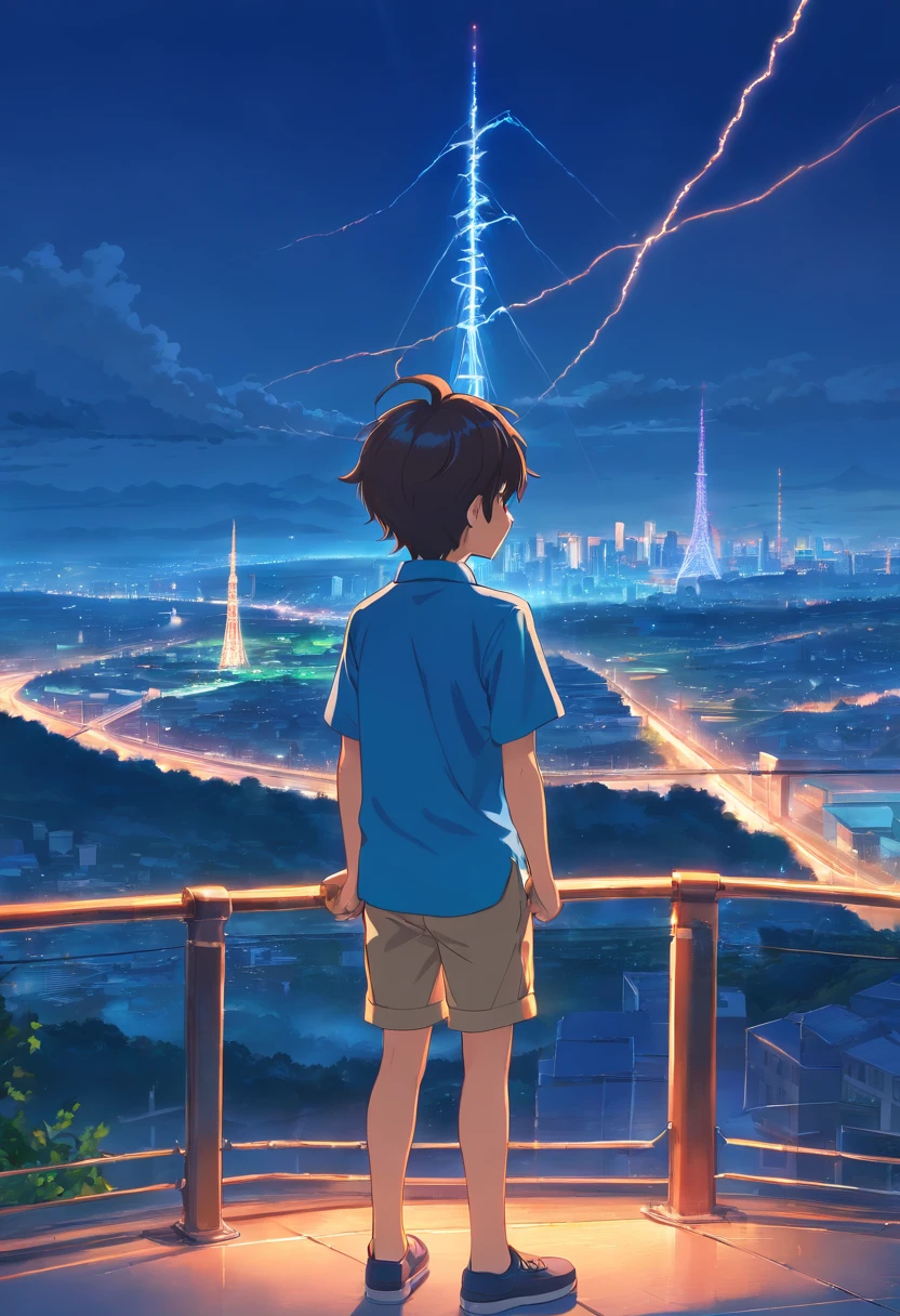 Cute  boy in short-sleeved blue shirt looking at the high voltage tower hill and the city in the distance