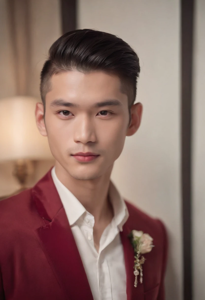 Best quality, masterpiece, ultra high res, (photorealistic:1.4), raw photo, upper body, portrait, a beautiful young man, solo, side shaved long hair, neck tattoos, Asian features, red suit, soft lighting