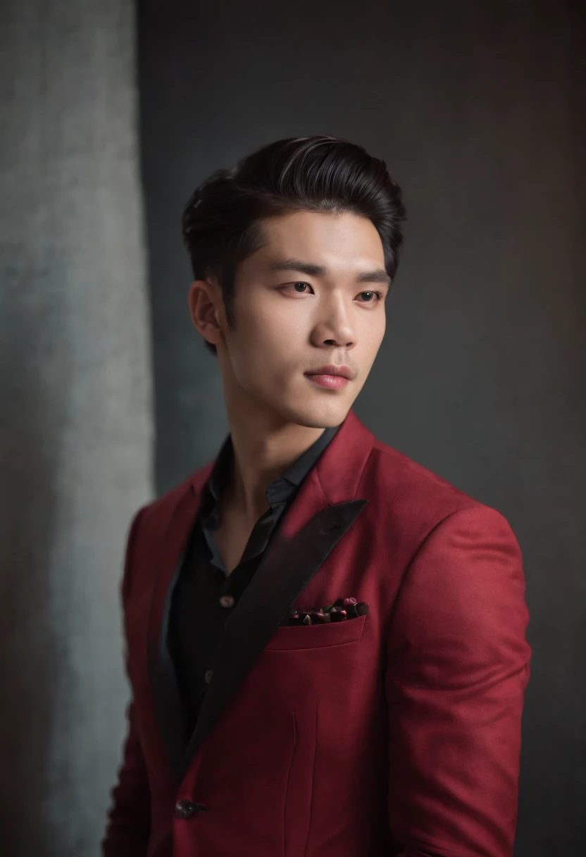Best quality, masterpiece, ultra high res, (photorealistic:1.4), raw photo, upper body, portrait, a beautiful young man, solo, side shaved long hair, neck tattoos, Asian features, red suit, soft lighting