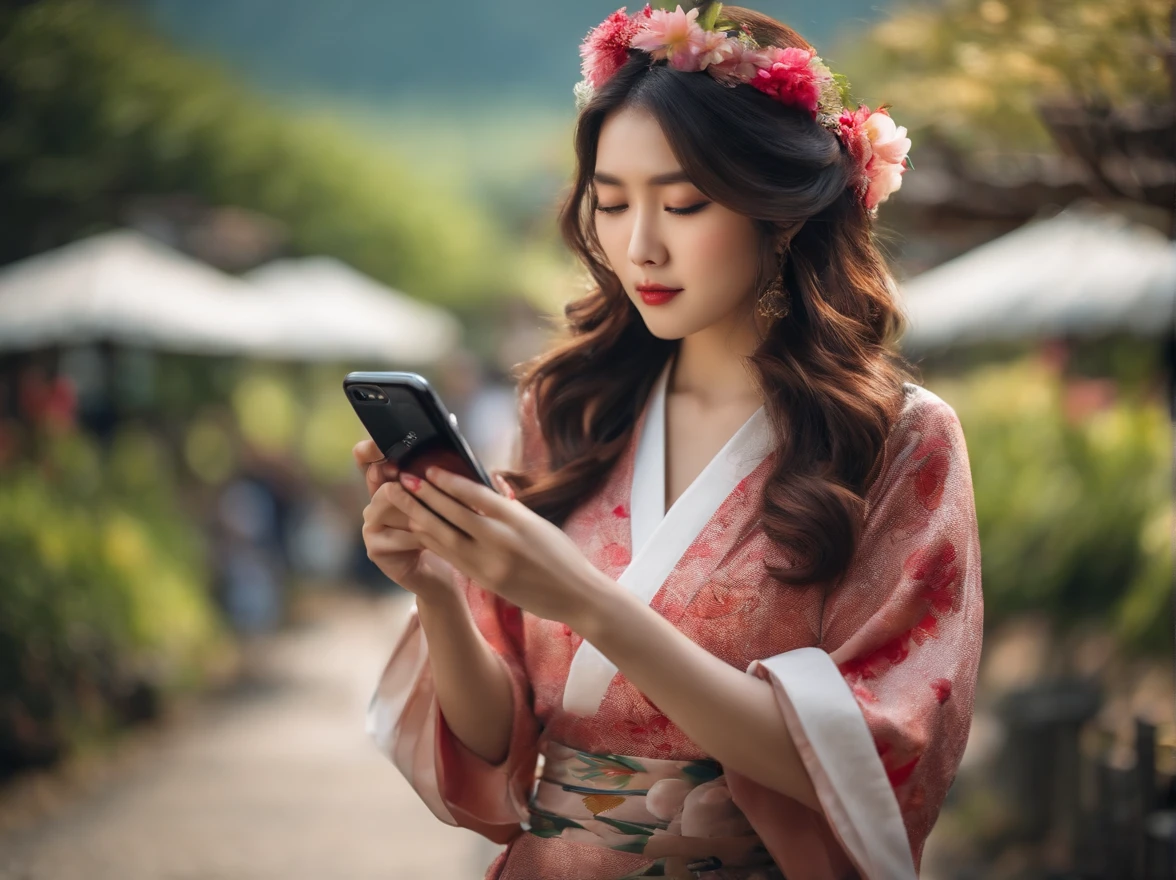 japanes in her 20s femele Holding a smartphone Longhaire soio Sunnyday