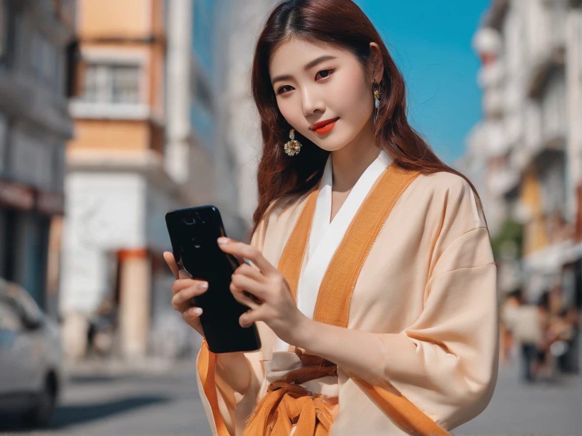 japanes in her 20s femele Holding a smartphone Longhaire soio Sunnyday