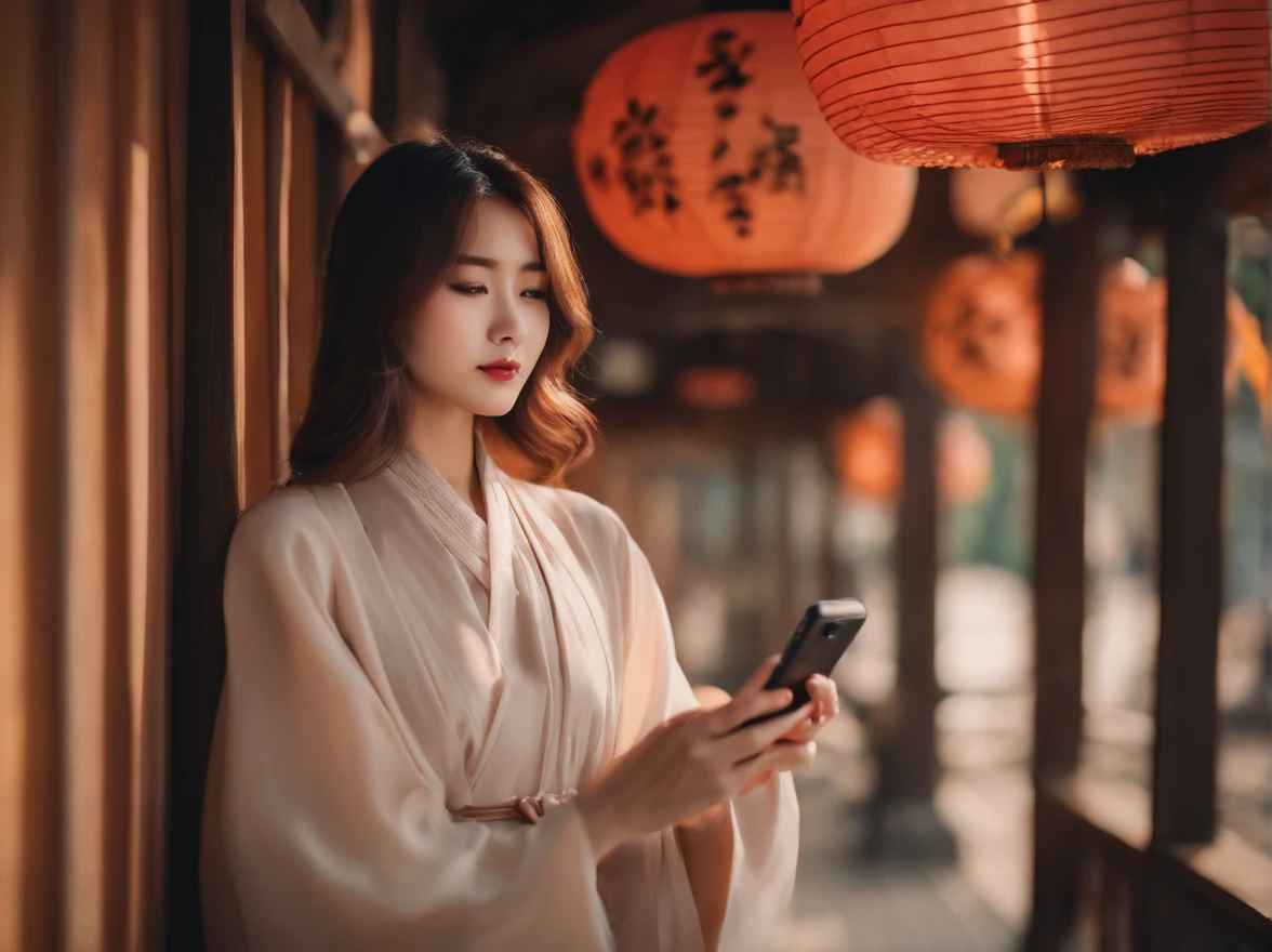 japanes　in her 20s　femele　Holding a smartphone　Longhaire　soio　Sunnyday