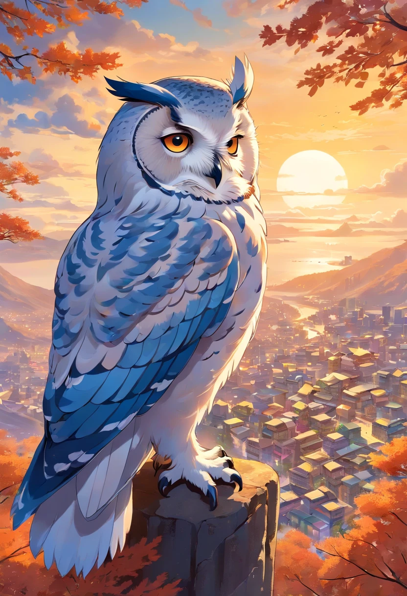 Best Quality,4K,8K,hight resolution,masutepiece:1.2),Ultra-detailed,(Realistic,Photorealistic,Photorealsitic:1.37),season for autumn,In the sky of autumn leaves,White owl flying in the sky,Beautiful detailed eyes,beautiful detailed plumage,Sleek and elegant appearance, sky with clouds ,Sharp Focus,Blue-white color palette,Soft natural lighting,Impressive contrast between owls and surroundings,Subtle details of the owl's beak and claws,feathery texture,Quiet autumn atmosphere,Quiet silence and serenity,Ethereal and magical atmosphere,Sensation of subtle movements in the posture of an owl,Impeccable execution of owl feathers,Subtle shadows and highlights of owl feathers,Peaceful and serene atmosphere, Mountain at sunset, a futuristic city in the desert as background, low clouds cover mountain, realistic+high intricate details. (impersonal, colorful clothing)