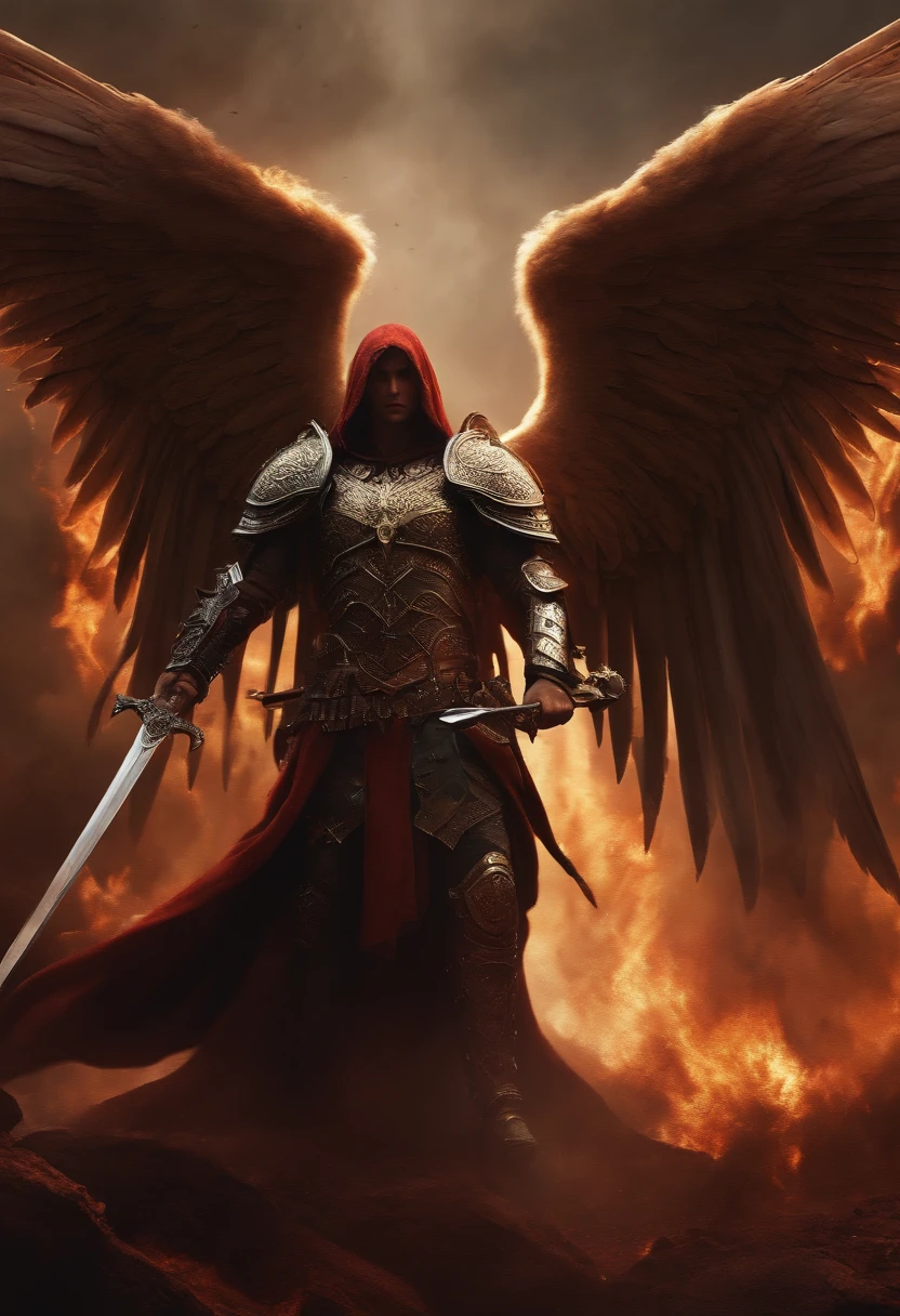 Realistic, 4K, Angels with big wings, one sword, Head hood in war background image (chaos)