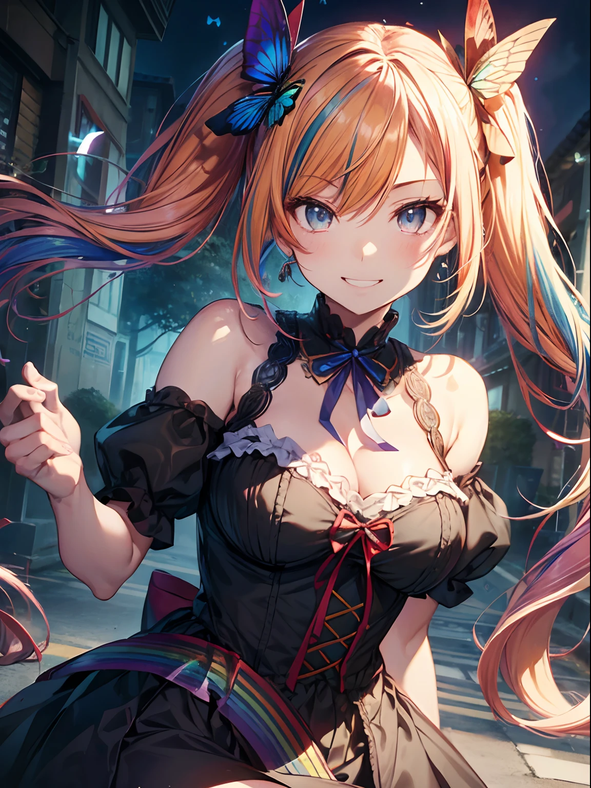 (masutepiece:1.3), (8K, Photorealistic, Raw photo, Best Quality: 1.4), Beautiful face, (Realistic face), Beautiful detailed eyes, (Realistic skin), Attractive, Intricate details,Golden ratio, 1 girl,Naughty smile, (rainbow hair:1.4),((Long twintails,Ribbon 1.4)),Gothic ta Fashion,(Blue butterfly hair ornament),off shoulders,cleavage,mid-riff peak,Street,graffiti wall,Dynamic Pose,Dynamic Angle,Intricate details, Hyper realistic, Perfect Anatomy、only face、A smile、Smiling、Face enhancement