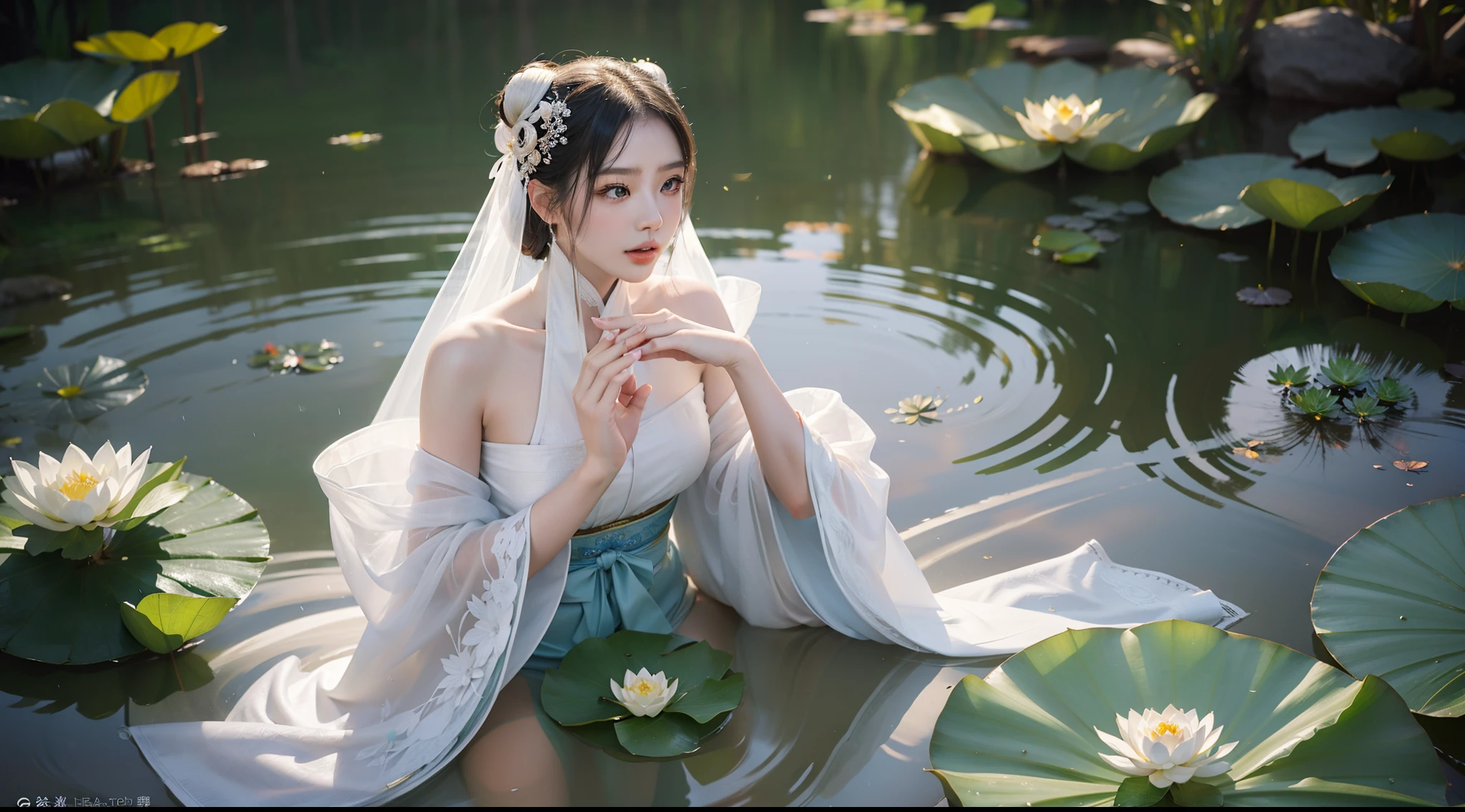 realistic, big vista, wide-angle lens, intricate details, super detailed, natural skin texture, 1 girl, hair bundle, bun, beautiful chinese woman in white hanfu robe cloak, fairy, white mist, golden light, white mist, outdoors, on the shore of Hangzhou West Lake, next to the lotus pond, (colorful, vivid, sunny, cool light: 1.2) lotus leaves in the pond, delicate facial details, dynamic poses, exquisite details, wide view, epic details, global illumination - ar 3:2 - q 5 - V 5.1 - Style RAW-S 750, style influenced by ancient Chinese art, complex, high detail, sharp focus, dramatic, photorealistic painting art, lotus leaf, spring rain, bright, light, atmospheric, bright tones of spring, super detail, 16k, best quality, soft light, space, crystal clear, natural light, surreal photography,