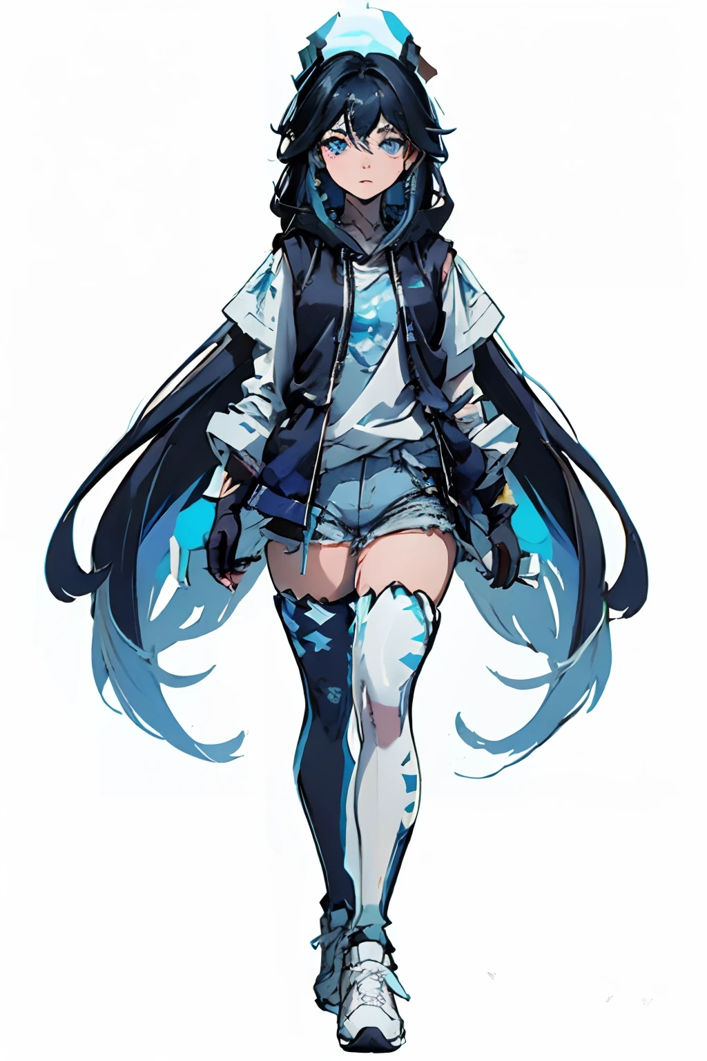 Character design, character sheet, masterpiece, blue and black hair long hair, Two hair colors, inner color hair, blue eyes, Sharp gaze, black vest hoodie with light blue striped pattern, white short t-shirt, shorts, stockings, white sneakers with light blue pattern