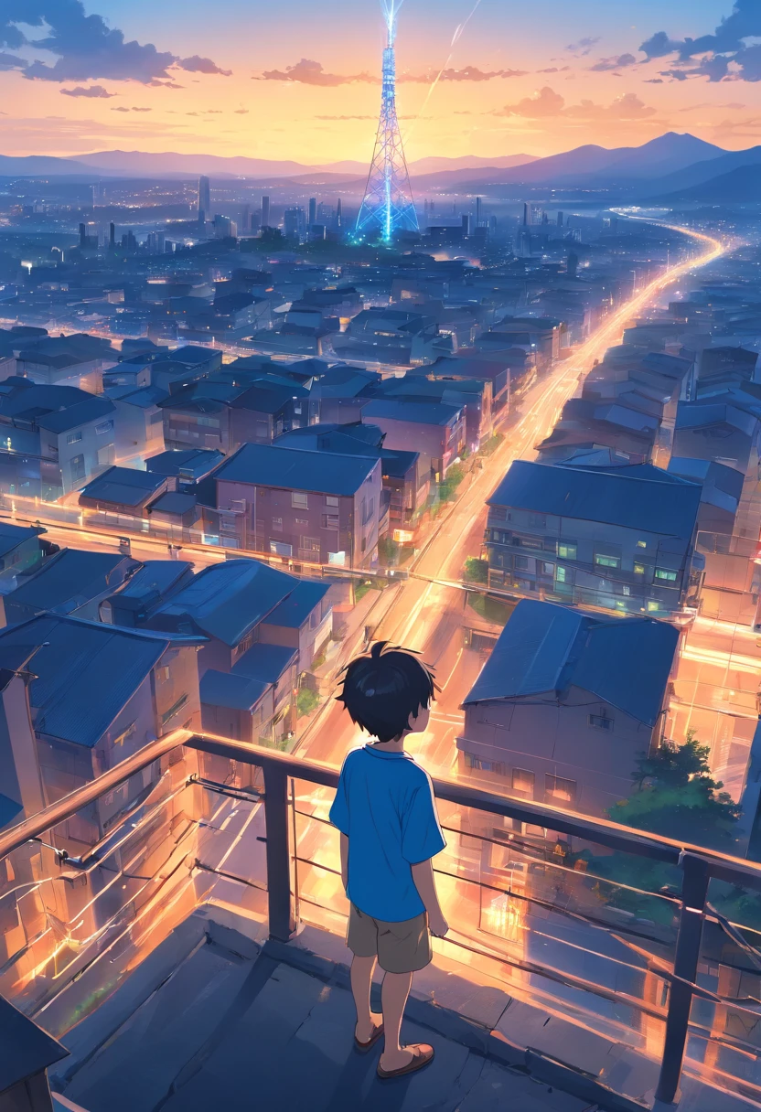Cute little boy in short-sleeved blue shirt looking at the high voltage tower hill and the city in the distance
