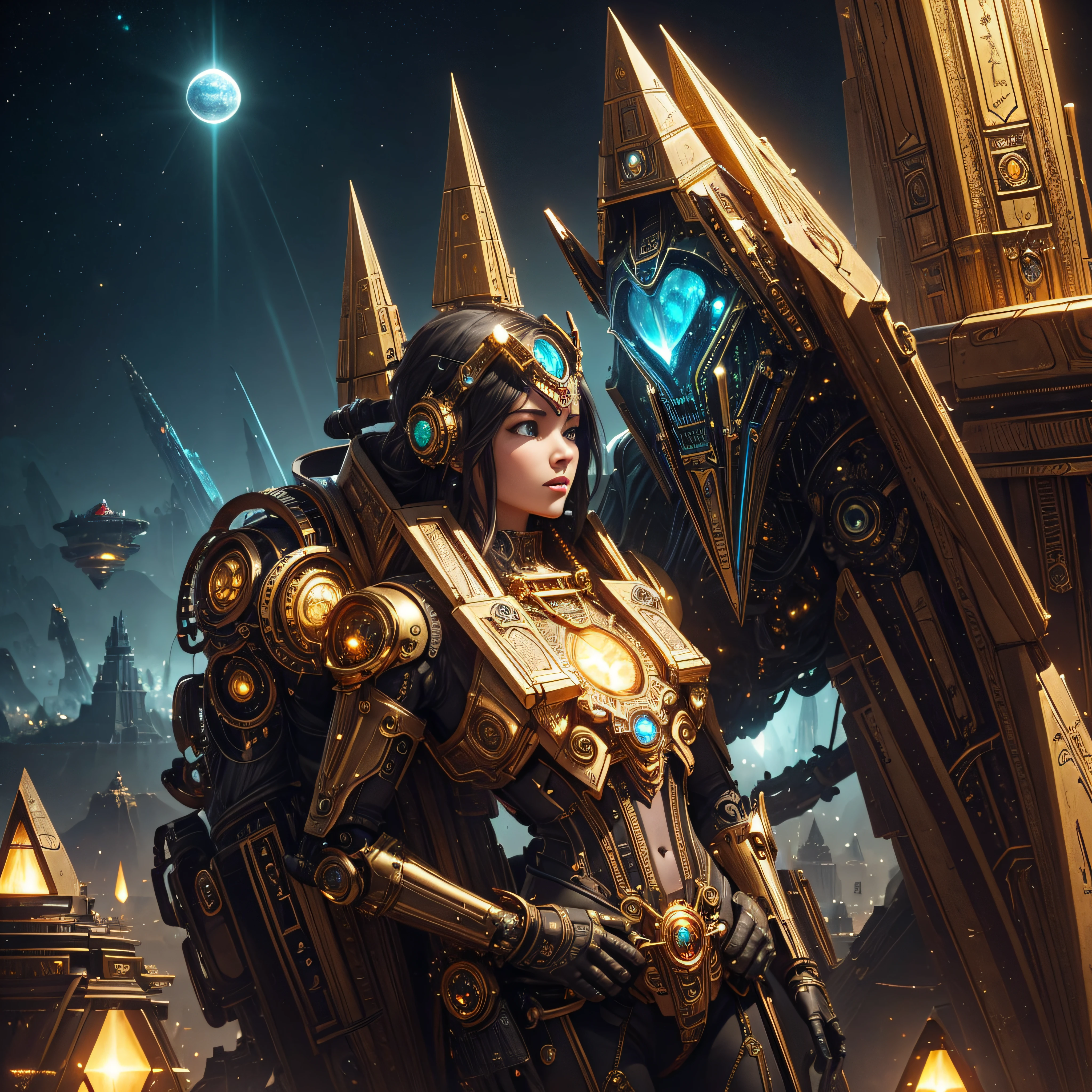 a Robot and a steampunk princess hugs a steampunk Robot with a hart of gold, all in very detailed steampunk style, dynamic light, beautiful, H.R.Giger , Jules Verne, HZ Steampunk with green and blue colors in the background pyramids of onyx and gold, black obsidian glass terrain, with piramid structures and celestial glow. (highly detailed, geometric grid), middle of a serene sky, triangular, elements, hyper detailed, with Inca filer of gold, ((Alien life)) and music notes high resolution, cinema 4D