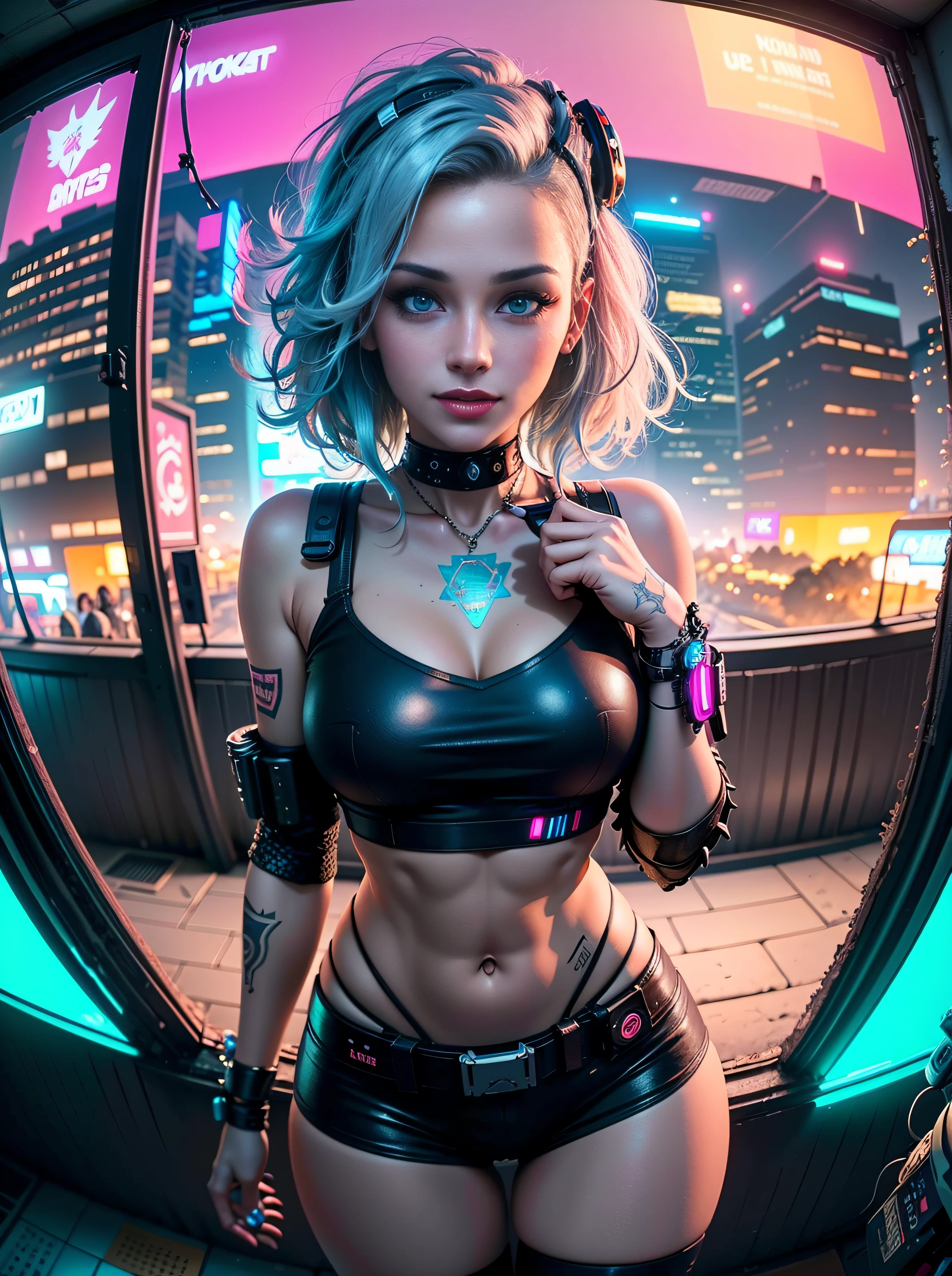 ((25 year old cyberpunk girls in a colorful Harajuku pop outfit)), ((((fisheye lens)))), Cowboy shot, the wind, Real Pile, big blue eyes, 8K, a perfect face, the perfect body, messy  hair, Highly detailed eyes, Highly detailed face, ((Cyberpunk 2077 cityscape)), (Cyberpunk aesthetics and atmosphere:1.3), Bright colors, Smiling, ((Cinematic lighting))