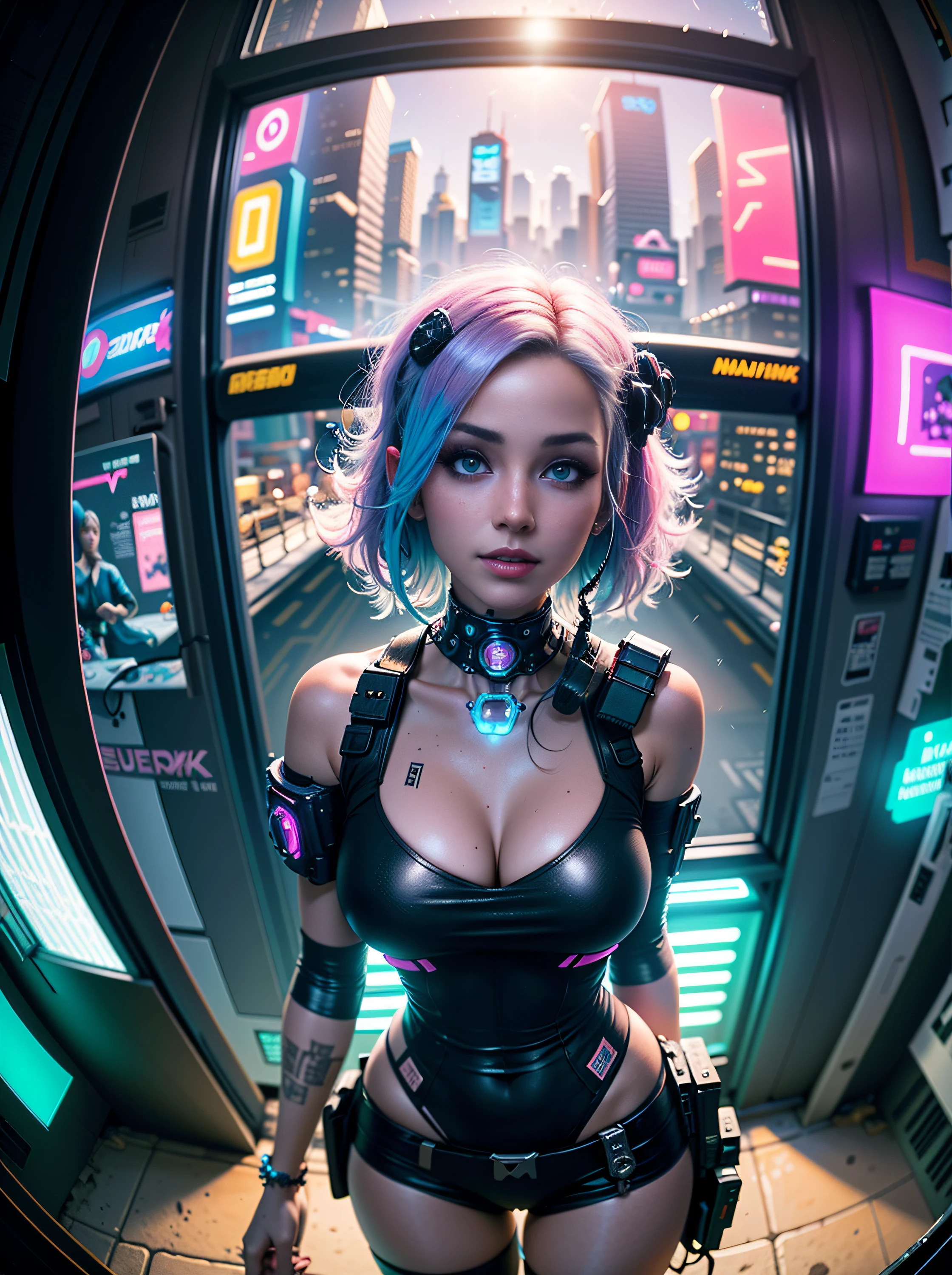 ((25 year old cyberpunk girls in a colorful Harajuku pop outfit)), ((((fisheye lens)))), Cowboy shot, the wind, Real Pile, big blue eyes, 8K, a perfect face, the perfect body, messy hair, Highly detailed eyes, Highly detailed face, ((Cyberpunk 2077 cityscape)), (Cyberpunk aesthetics and atmosphere:1.3), Bright colors, Smiling, ((Cinematic lighting))