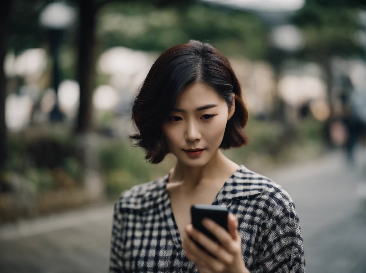 japanes in her 20s femele Holding a smartphone Bob Hair soio Sunnyday