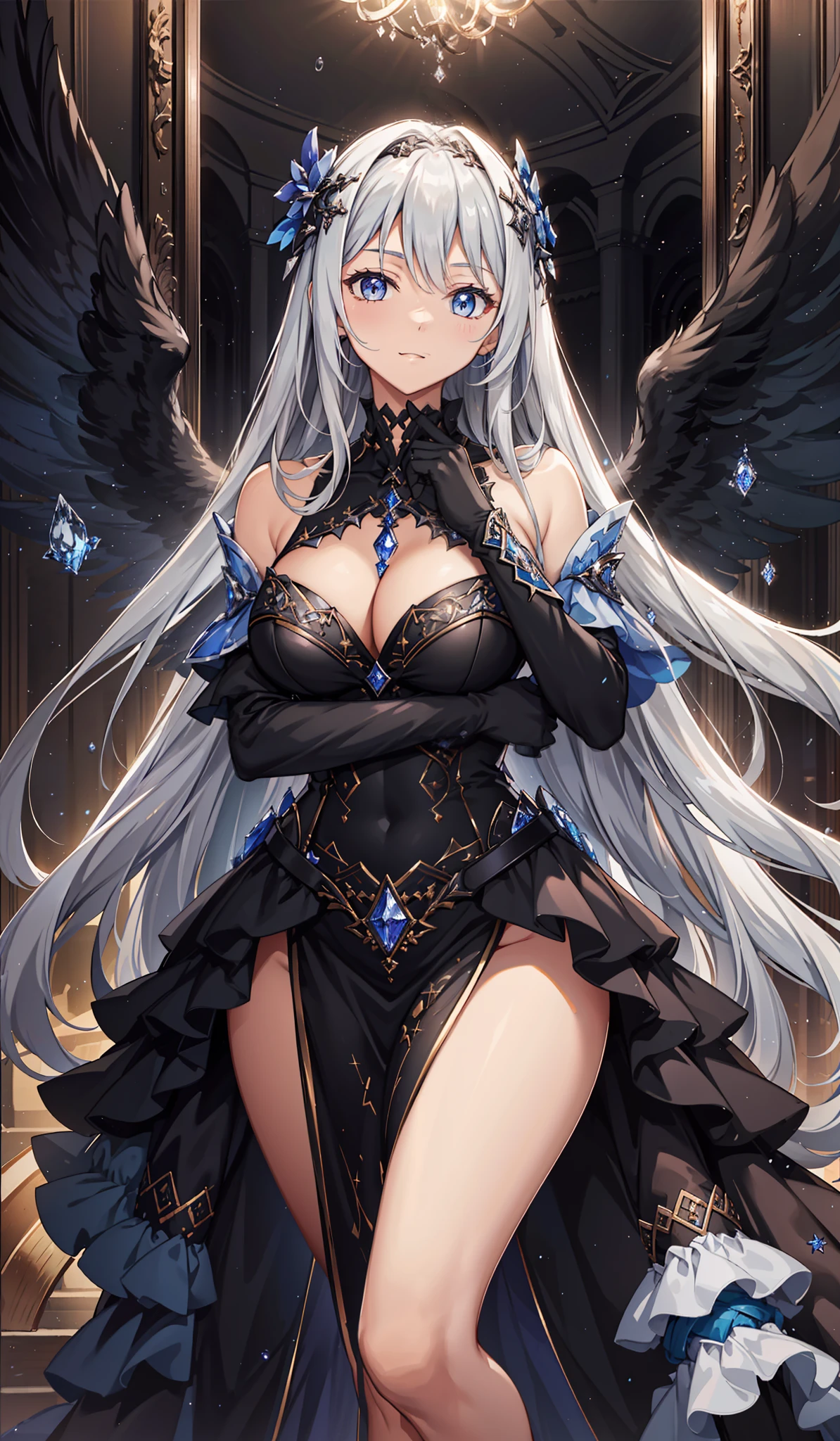 {{{{tmasterpiece}}}}, {{{ultra - detailed}}}, {{{High- sharpness}}}, {{Good anatomy}}, (((best qualtiy))), ((Very fine and beautiful)), {{Very detailed and refined}}, {8k CG wallpaper}, {{illustratio}},offcial art,Starlight Virgin,Enchanted,Seductive pose,Black gorgeous dress,Silver armor,Transparent gauze dress,see-through transparent clothes,Curved woman, light yarn, sliver long hair,Lilac pupils,White skin of the,(Evil atmosphere),The breath of death,Sagging eyes, Delicate and beautiful face and hair,