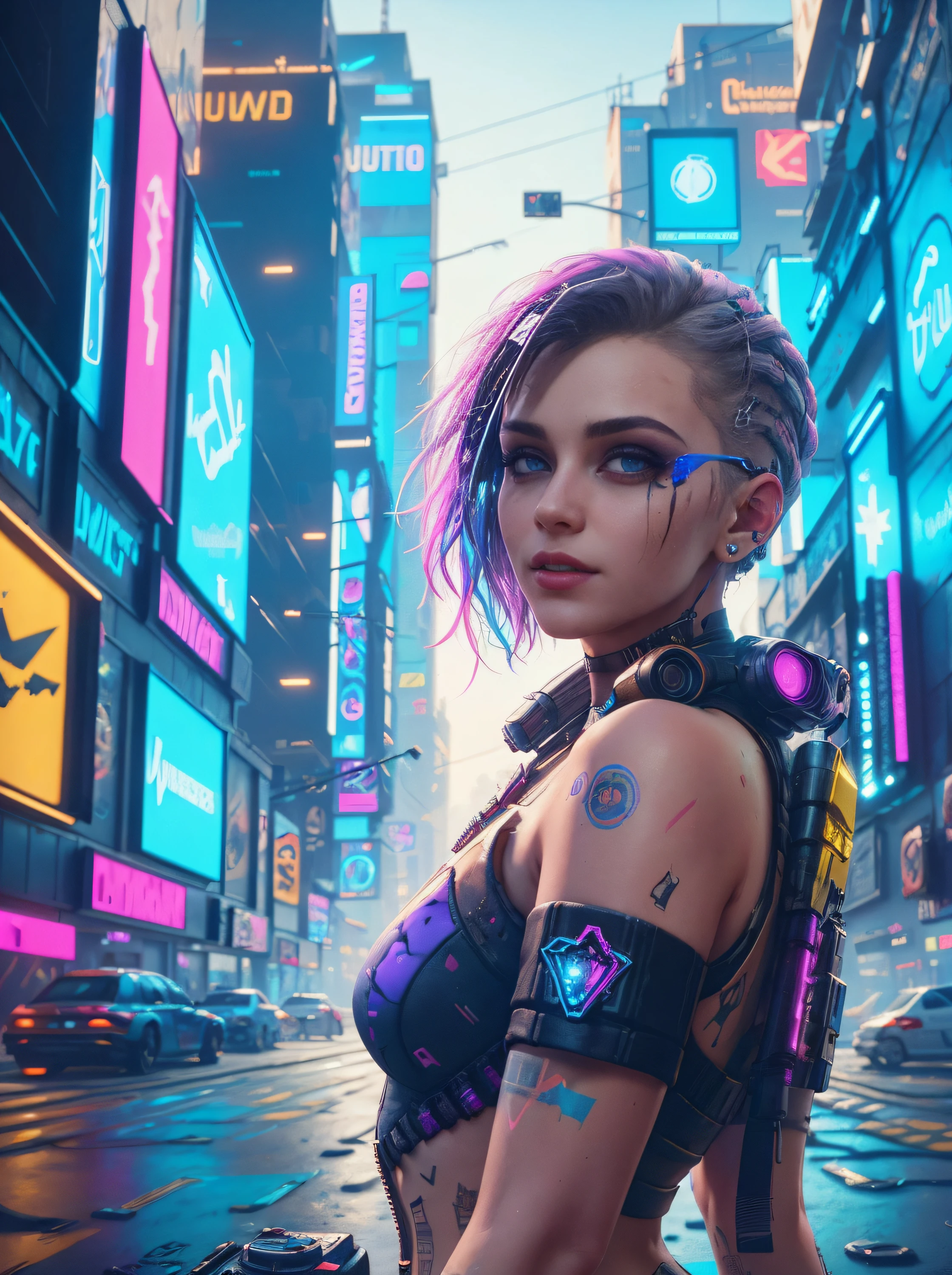 25-year-old cyberpunk girl in a colorful Harajuku pop outfit, Cowboy shot, the wind, Real Pile, big blue eyes, 8K, a perfect face, the perfect body, messy hair, Highly detailed eyes, Highly detailed face, ((Cyberpunk 2077 cityscape)), (Cyberpunk aesthetics and atmosphere:1.3), Bright colors, Smiling, ((Cinematic lighting))