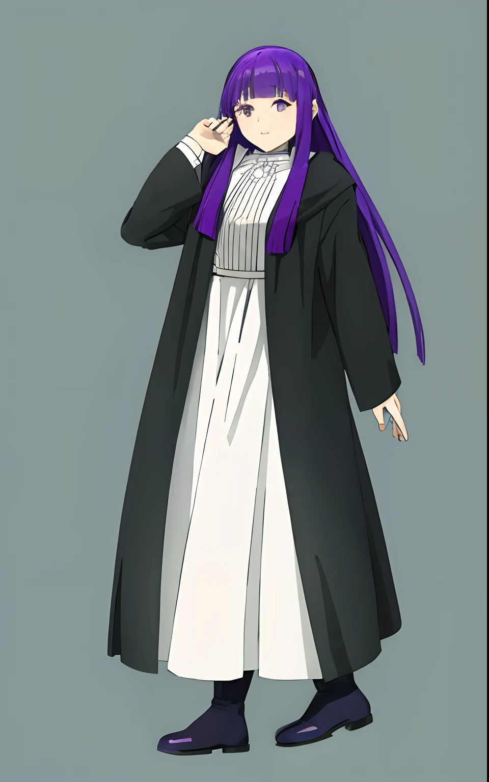 anime character with purple hair and long black coat, maya fey from ace attorney, full body white purple cloak, nun outfit, ace attorney style, official character art, hinata hyuga, flowing hair and long robes, ((wearing aristocrat robe)), tsukasa dokite, female anime character, anime style like fate/stay night, ueshiba riichi