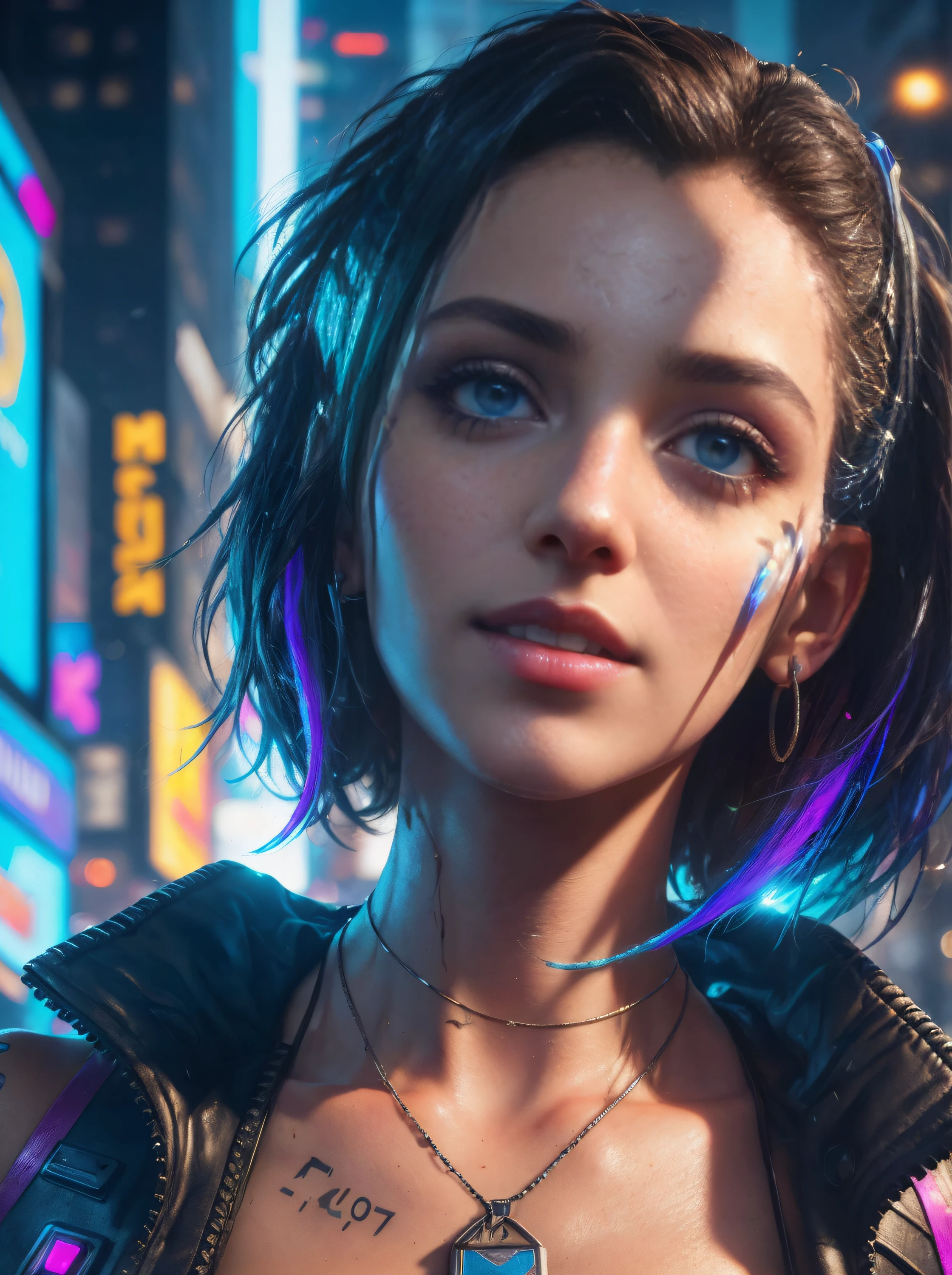 25-year-old cyberpunk girl in a colorful Harajuku pop outfit, Cowboy shot, the wind, Real Pile, big blue eyes, 8K, a perfect face, the perfect body, messy  hair, Highly detailed eyes, Highly detailed face, ((Cyberpunk 2077 cityscape)), (Cyberpunk aesthetics and atmosphere:1.3), Bright colors, Smiling, ((Cinematic lighting)), (intricate details:1.2), (hdr, hyperdetailed:1.2), (natural skin texture, hyperrealism, soft light, sharp)