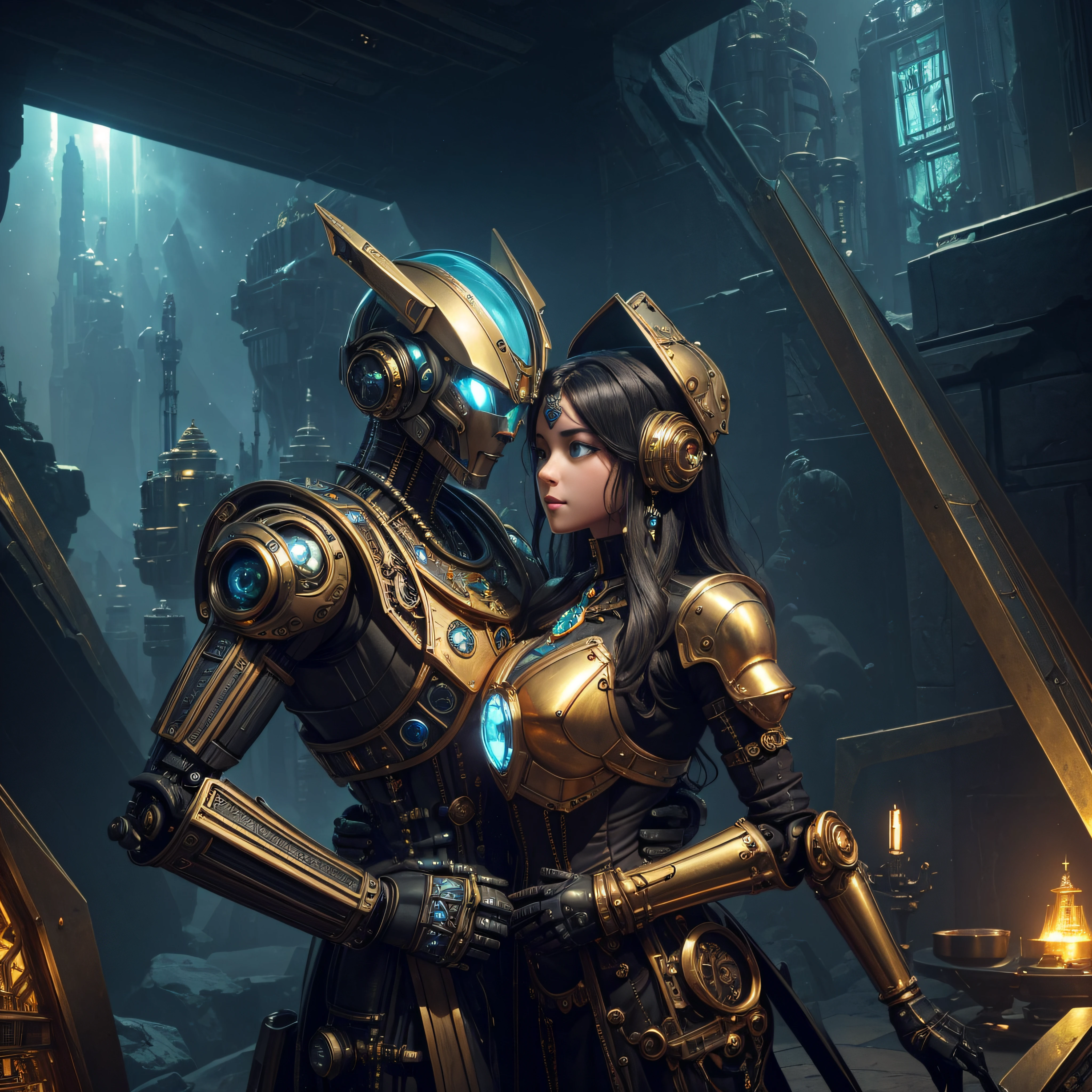 a Robot and a steampunk princess hugs a steampunk Robot with a hart of gold, all in very detailed steampunk style, dynamic light, beautiful, H.R.Giger , Jules Verne, HZ Steampunk with green and blue colors in the background pyramids of onyx and gold, black obsidian glass terrain, with piramid structures and celestial glow. (highly detailed, geometric grid), middle of a serene sky, triangular, elements, hyper detailed, with Inca filer of gold, ((Alien life)) and music notes high resolution, cinema 4D