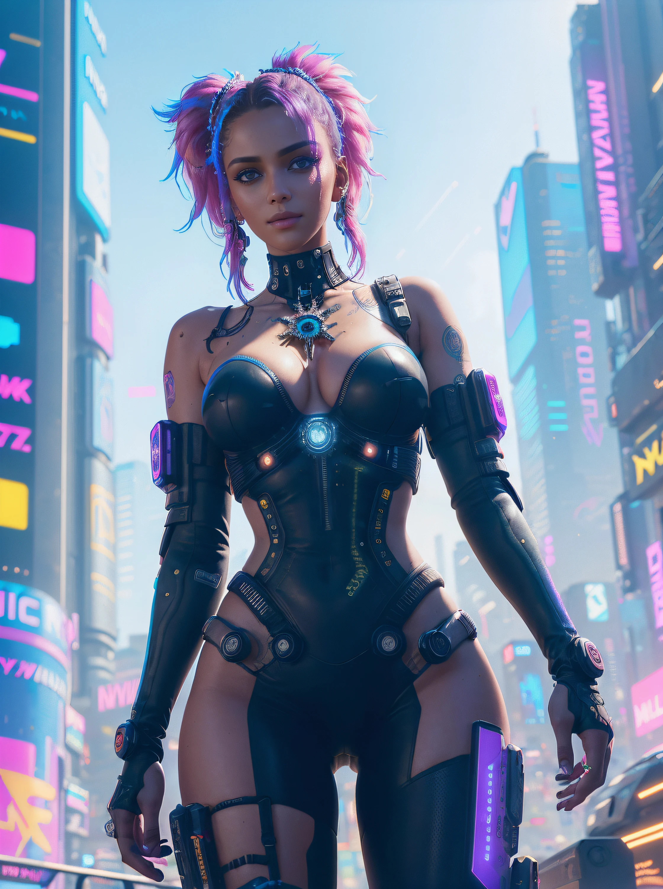 25-year-old cyberpunk girl in a colorful Harajuku pop outfit, Cowboy shot, the wind, Real Pile, big blue eyes, 8K, 1 / 2 body crop, thigh gap, camel toe, a perfect face, the perfect body, messy  hair, Highly detailed eyes, Highly detailed face, ((Cyberpunk 2077 cityscape)), (Cyberpunk aesthetics and atmosphere:1.3), Bright colors, Smiling, ((Cinematic lighting)), (intricate details:1.2), (hdr, hyperdetailed:1.2), (natural skin texture, hyperrealism, soft light, sharp)
