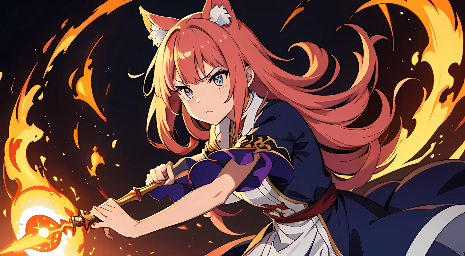 (1 nekomimi girl, without human ears),(beautiful eyes finely detailed, Face to detail, multi colored hair), wearing long dress witch outfit, angry facial expression, holding a mystic staff, she hold mystic staff with flames coming out from her mystic staff and casting powerful magic spell, The background is a magical circle in mahoutsukai no yome style, ​many magical particle in front of her, full body, masterpiece, top-quality, detailed, High resolution illustration