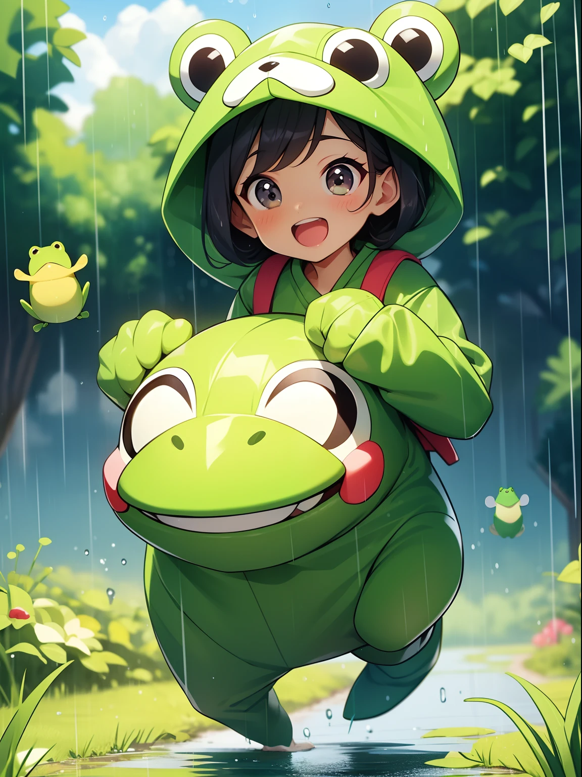 Chibichara、animesque、Frog Costume、Jumping happily、rainfall