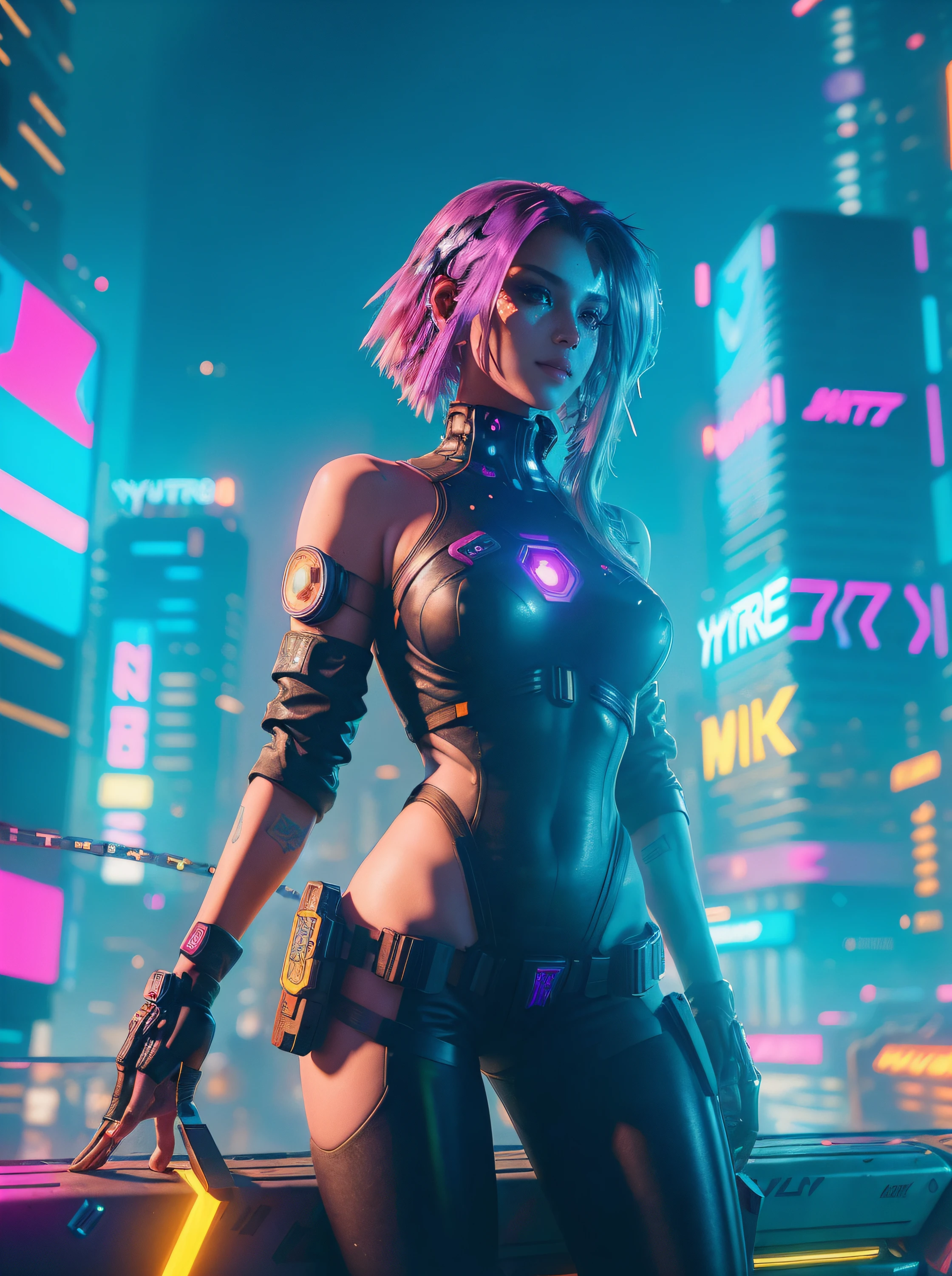 25-year-old cyberpunk girl in a colorful Harajuku pop outfit, Cowboy shot, the wind, Real Pile, big blue eyes, 8K, 1 / 2 body crop, thigh gap, camel toe, a perfect face, the perfect body, messy  hair, Highly detailed eyes, Highly detailed face, ((Cyberpunk 2077 cityscape)), (Cyberpunk aesthetics and atmosphere:1.3), Bright colors, Smiling, ((Cinematic lighting)), (intricate details:1.2), (hdr, hyperdetailed:1.2), (natural skin texture, hyperrealism, soft light, sharp)