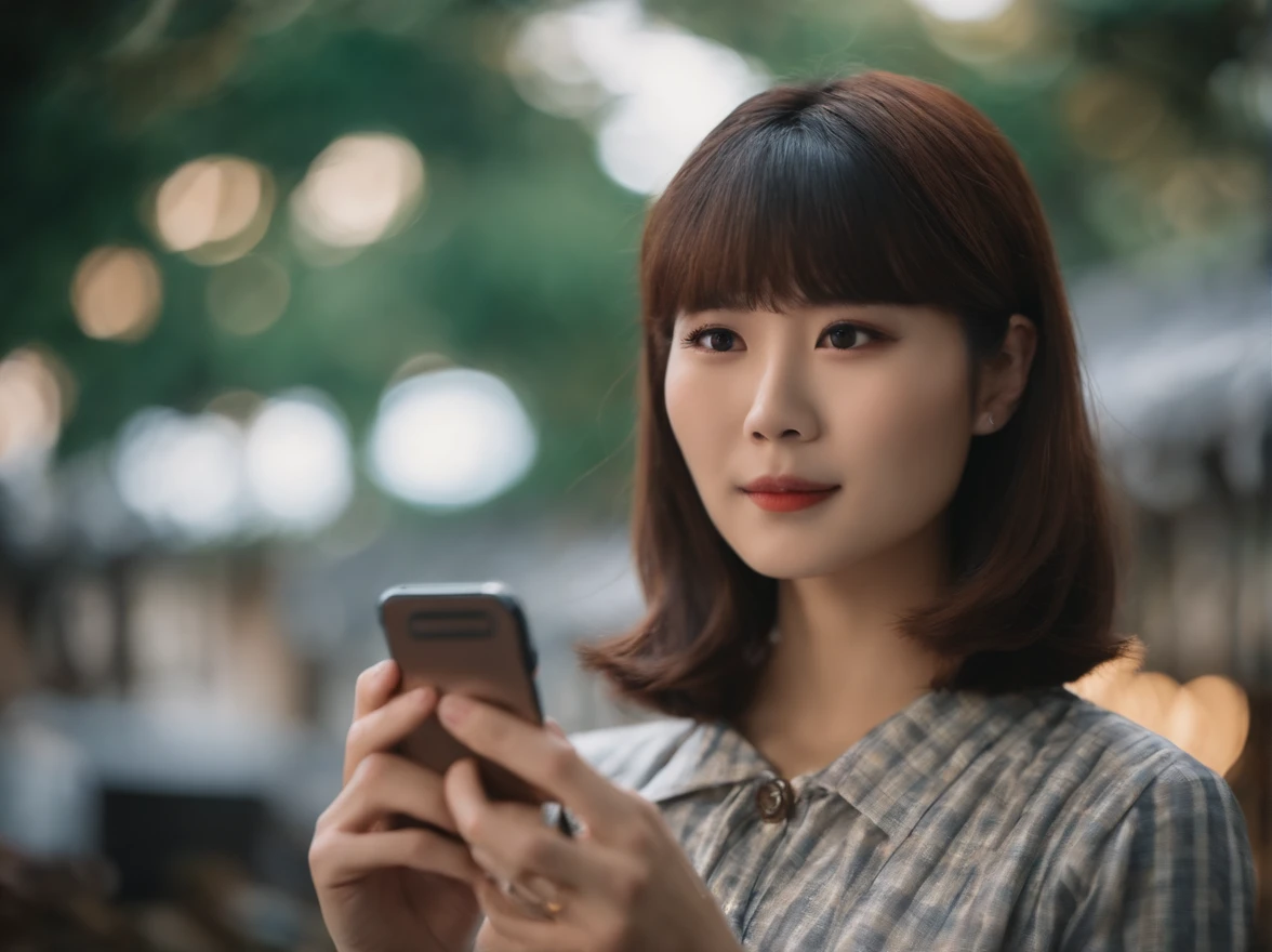 japanes in her 20s femele Holding a smartphone Bob Hair soio Sunnyday