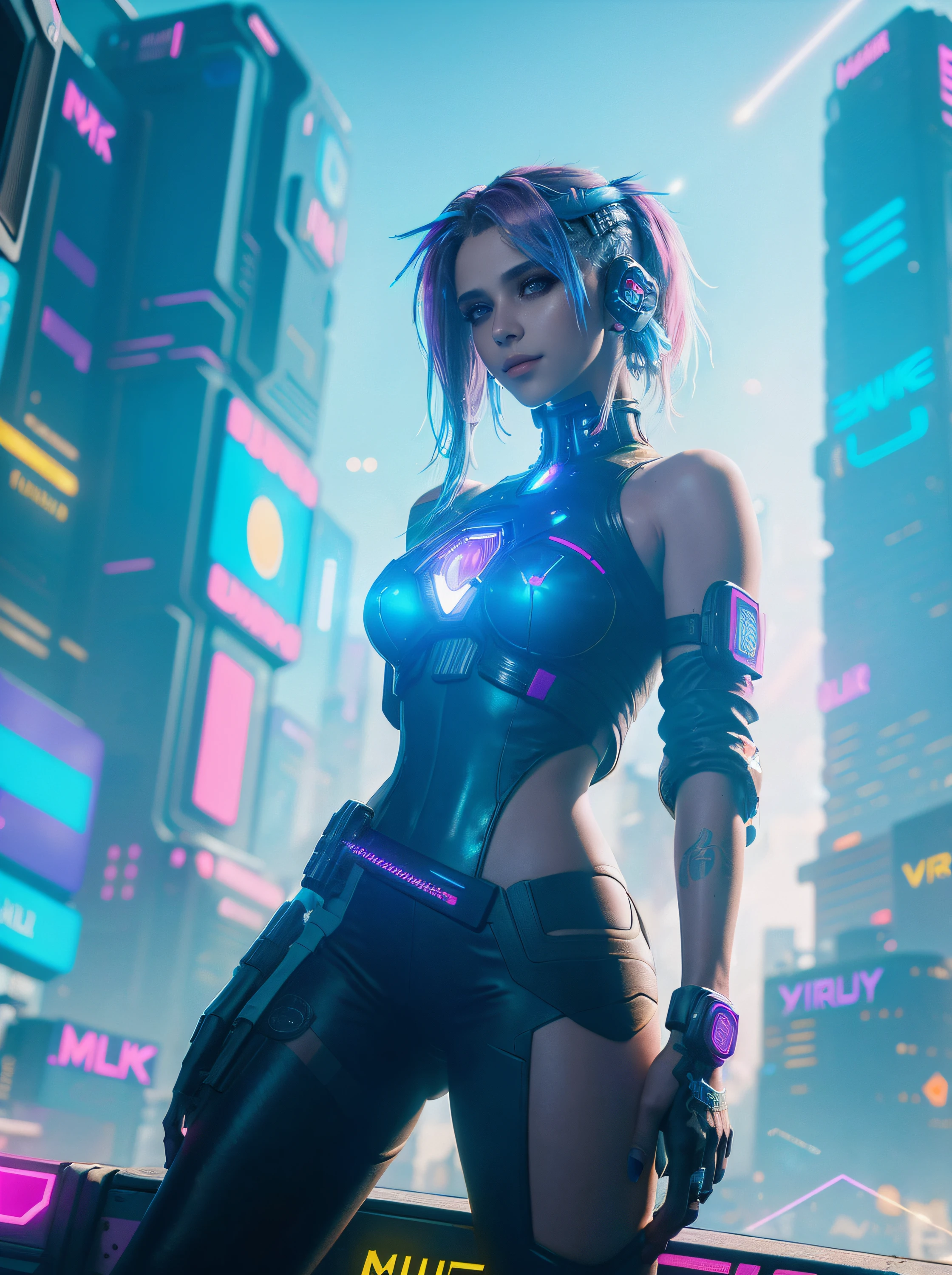 25-year-old cyberpunk girl in a colorful Harajuku pop outfit, Cowboy shot, the wind, Real Pile, big blue eyes, 8K, 1 / 2 body crop, thigh gap, camel toe, a perfect face, the perfect body, messy  hair, Highly detailed eyes, Highly detailed face, ((Cyberpunk 2077 cityscape)), (Cyberpunk aesthetics and atmosphere:1.3), Bright colors, Smiling, ((Cinematic lighting)), (intricate details:1.2), (hdr, hyperdetailed:1.2), (natural skin texture, hyperrealism, soft light, sharp)