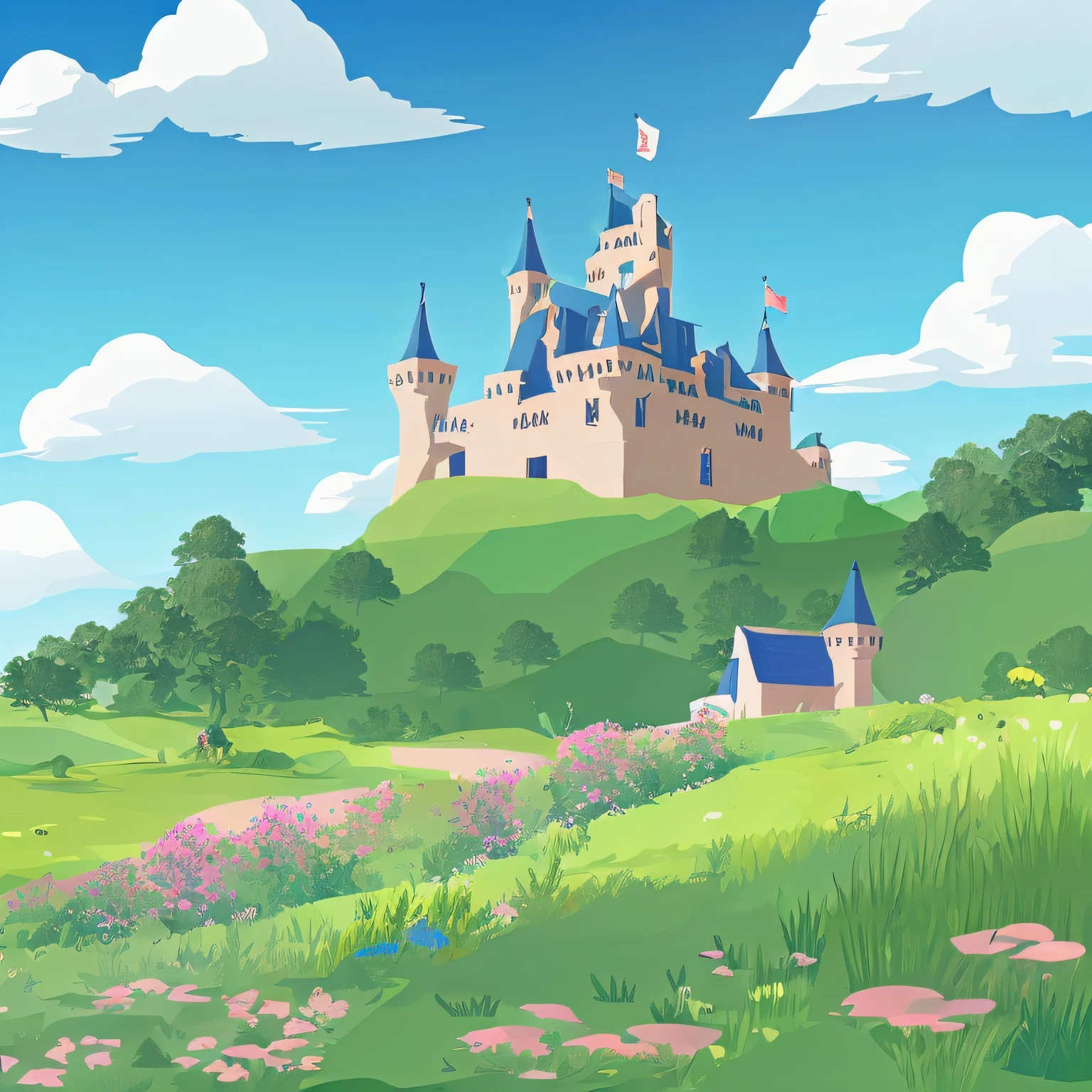 Colorful cartoon castle，In the middle of the meadow，Blue sky, White clouds, Flowers and grasses