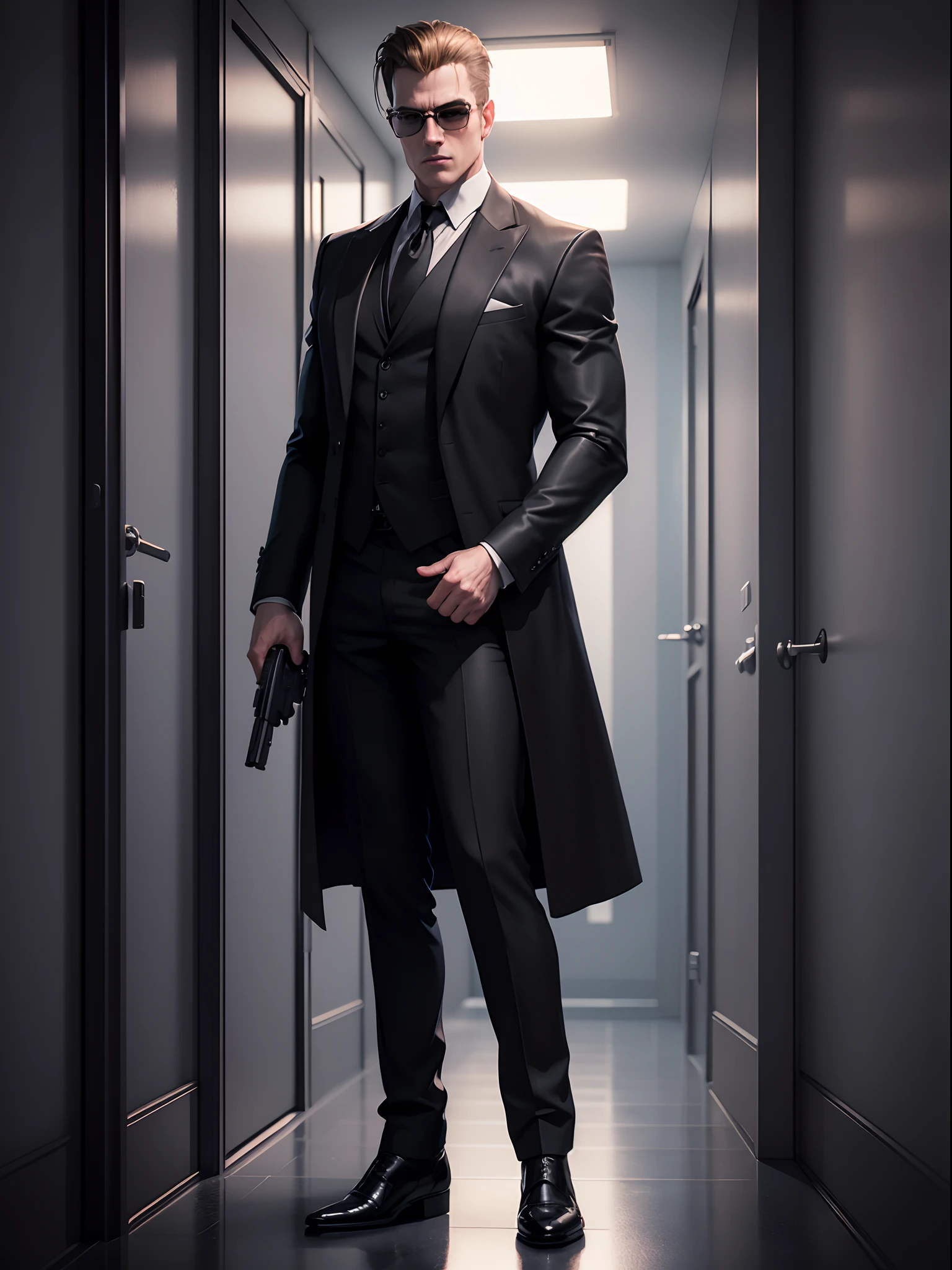 there is a man in a suit and tie holding a gun, neo - noir style, 3 d render character art 8 k, albert wesker full body portrait, neo noir style, concept art like ernest khalimov, cinematic full character, male character, highly detailed character, full body shot hyperdetailed, arnold maya render, he is wearing a black trenchcoat