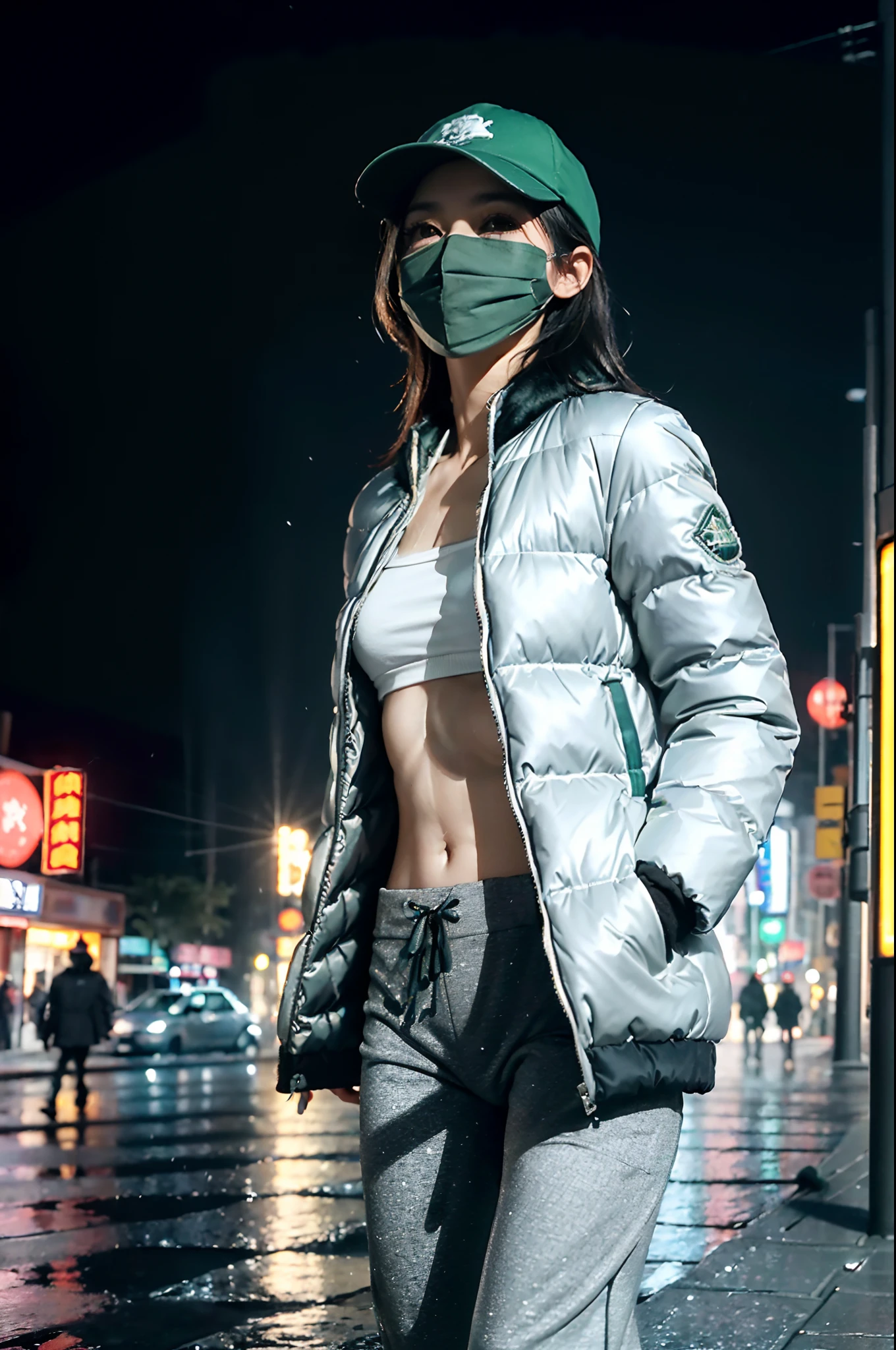 (((8k))),(Extremely meticulous CG) ,(wallpaper),16k,(Extremely refined and beautiful），（Masterpiece:2.0），（best qualtiy:2.0），（Ultra High Resolution：1.0），beautiful light up，Perfect lightning，realistic shaded，[A high resolution],(Smooth and flawless fair skin:1.5),Extremely exquisite facial details,(perfect body：1.1),ultra - detailed,A beautiful girl,small head,(Green baseball cap:1.2),(shoulder length straight short black hair:0.9),(Small breasts:1.1),Flat chests，slim，thin，Smile，cheerfulness,(black puffer coat:1.5),(Slender legs:1.2),(Light gray sports pants:1.4),(black sneakers:.3),(dark night:1.5),dim light,(Walking on the commercial lane:1.5),high-rise buildings,At the entrance of the convenience store,(upper body:1.2),from front,(raining:1.2),early winter,night scene,(close shot:1.2),(cowboy shot:1.2)