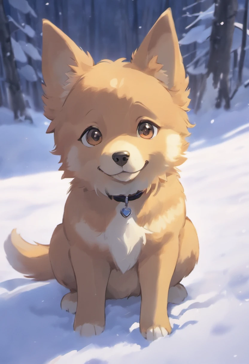 There was a puppy sitting in the snow, o cachorrinho, radiantsmile，Soft winter sun, Winter sun, Winter lights, Winter sunrise cold light, ultra-realistic picture, Portrait of a puppy, cute animal, Cold,hyper HD
