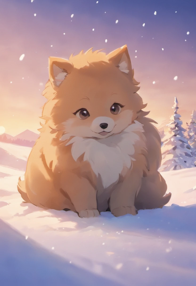 There was a puppy sitting in the snow, o cachorrinho, radiantsmile,Soft winter sun, Winter sun, Winter lights, Winter sunrise cold light, ultra-realistic picture, Portrait of a puppy, cute animal, Cold,hyper HD
