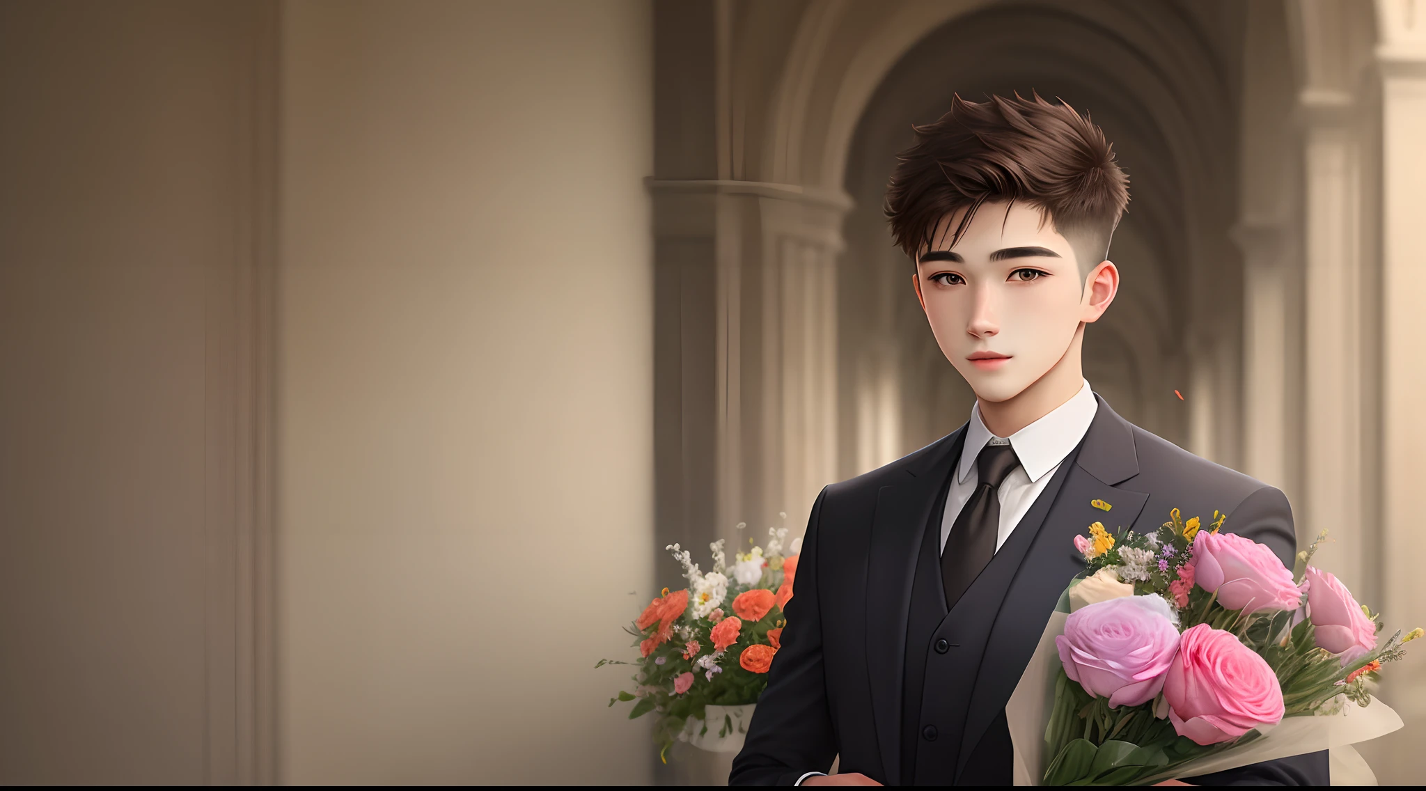 Young man with flowers