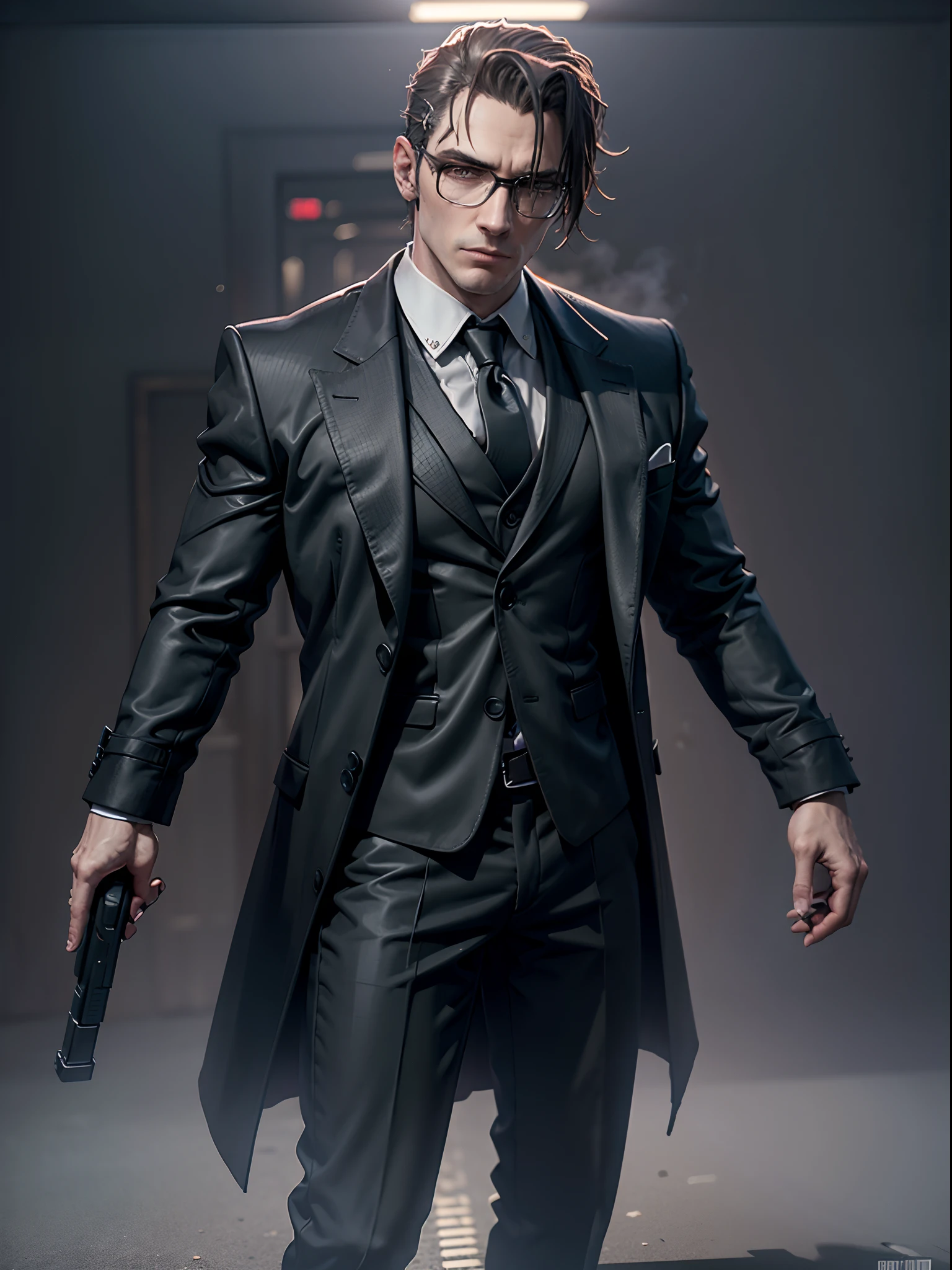 there is a man in a suit and tie holding a gun, Glock17, neo - noir style, 3 d render character art 8 k, albert wesker full body portrait, neo noir style, concept art like ernest khalimov, cinematic full character, male character, highly detailed character, full body shot hyperdetailed, arnold maya render, he is wearing a black trenchcoat, solo, single