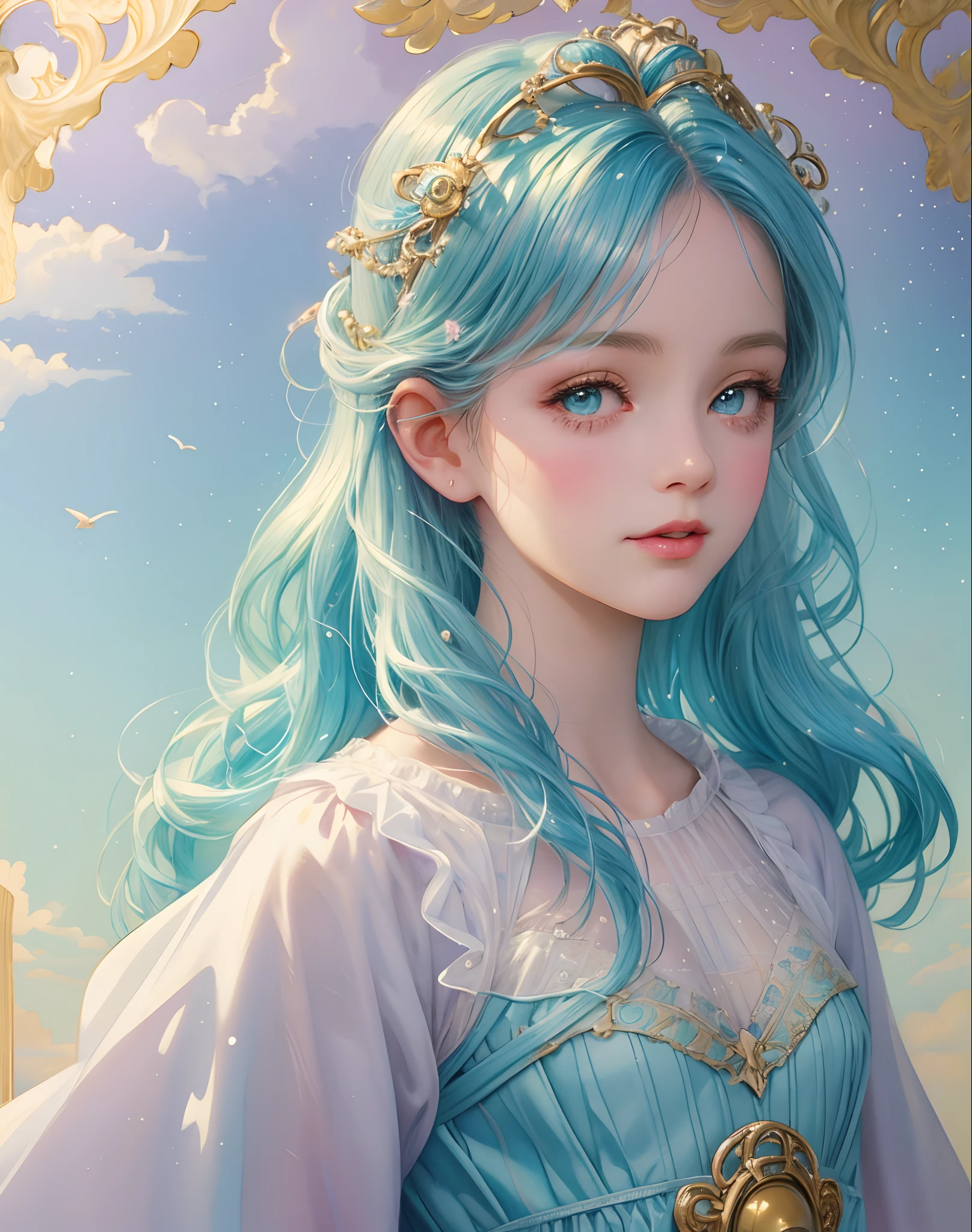 Princess girl with wing, Blue, Pastel, glitter, dramatic, dreamy, pastel, Watercolor, Whimsical, Delicate, seashell crown, Trending on Artstation, Highly detailed, Intricate, Portrait, digital painting, Fantasy theme, Fantasy robes, Fantasy concept art, Fantasy character art, Smug, Teenage girl, perfect body, full body, dreamy, pastel, Watercolor, Whimsical, Delicate, seashell crown, art by loish and lois van baarle, Trending on Artstation, Highly detailed, Intricate, Portrait, digital painting, (Cinematic Photo:1.3) of (Realistic:1.3),(Amusing:1.3) chibi, constellation, (1girl, solo:1.2), (chibi:1.3), eyeliner, eyelashes, looking at viewer, (shiny skin:0.16), (pale skin:0.33), (body blush:0.38), eyes beautiful, anime, realistic, masterpiece, best quality, movie still, cloud girl, floating in the sky, (close-up:1.1), bright, happy, fun, soft lighting,Highly Detailed,(Art Nouveau:1.3),(Baroque Art:1.3),(80s Art:1.3),naturalism,land Art,regionalism,shutterstock contest winner,trending on unsplash,featured on Flickr