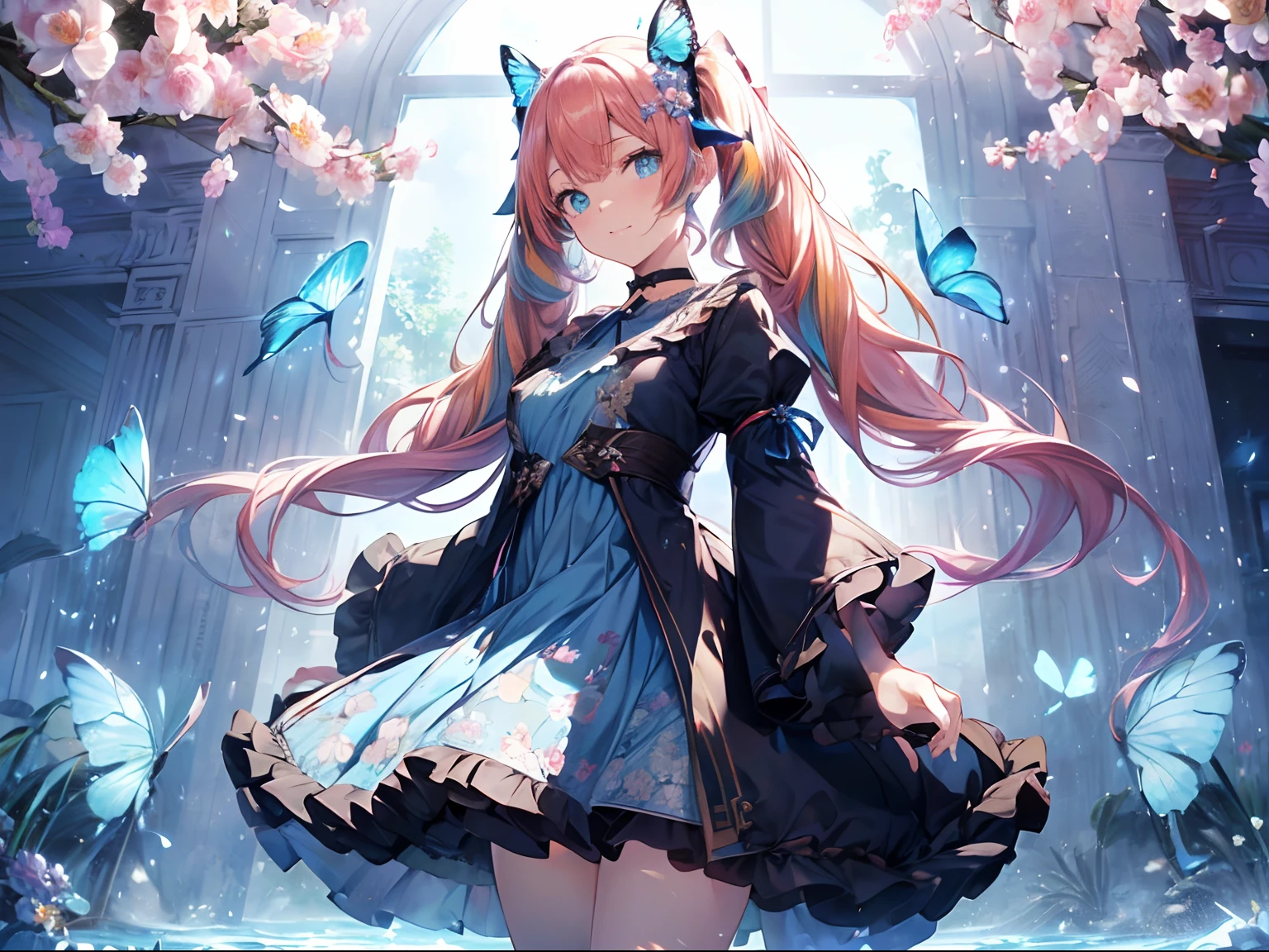 (masutepiece:1.3), (8K, Photorealistic, Raw photo, Best Quality: 1.4), Beautiful face, (Realistic face), Beautiful detailed eyes, (Realistic skin), Attractive, Intricate details,Golden ratio,  1 girl,Naughty smile, (rainbow hair:1.4),((Long twintails,Ribbon 1.4)),（looking-down),Dynamic Angle,ultra-detailliert, illustratio, gros-plan, Straight, One girl, (Fantasia:1.4), (azure eyes:1.233),Her eyes shone like dreamy stars,(radiant eyes:1.233) ,(beautiful and delicate eyes:1.1),((+(Bullhair flower:1.14)),(Chiffon dress,Blue floral pattern on uniform)/=(military outfits:1.24),(no sleeves,Wide sleeves),(Fingerless gloves),a choker,(Miko is not),high-heels,(deadpan,Mouth closure),(Standing), (classical Princess boudoir with dressing tableand french windowin a white ancient palaces),(white blossoms、florals),(abyssal),(flowingwater),(a dull blue world tree:1.14),(Ruins),(natta:1.2 ),Dreamy,Seoul,(fluorescent),(Translucent blue butterfly flight:1.15),[[Delicate fingers and hands:0.55]::0.85],(Fine fingers),(yubao:0.5)