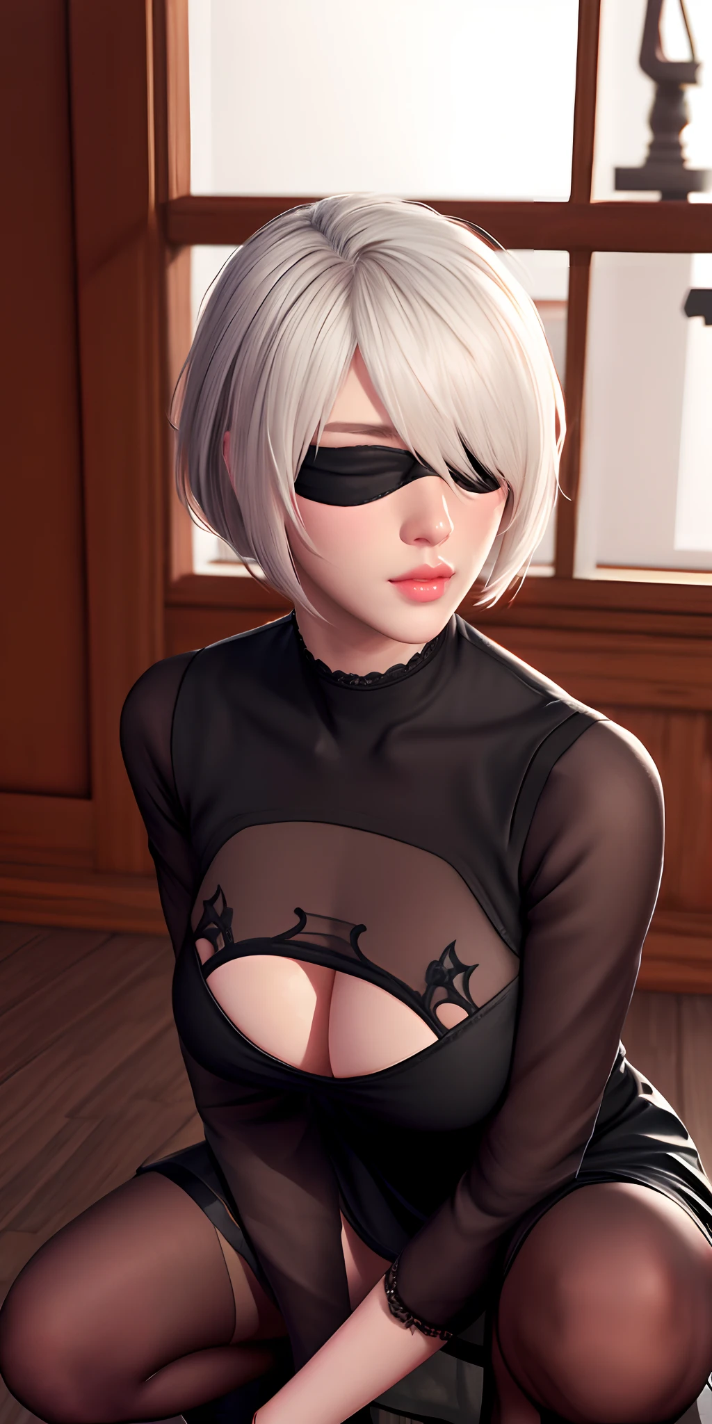 ((( n_2b,Blindfold, black eye mask, Large breasts,with short white hair,Wears a black eye patch,Wearing a black gothic dress))),((Masterpiece)),A high resolution, ((Best quality)),tmasterpiece,top-quality,best qualityer,((( Exquisite facial features,looking at viewert, ))),(((Light and shadow interlace,huge boob,white skinned,laughingly,self-assured))),(((Asian woman in black dress squatting on wooden floor, Ilya Kuvshinov. 4 k'', hyper realistic anime, Realistic anime 3 D style, Photorealistic anime, anime realism style, Anime realism, Realistic anime art style, realistic anime artstyle, Digital Art Ilya Kuvhinov, Kuvshinov Ilya, photorealistic anime girl rendering)))
