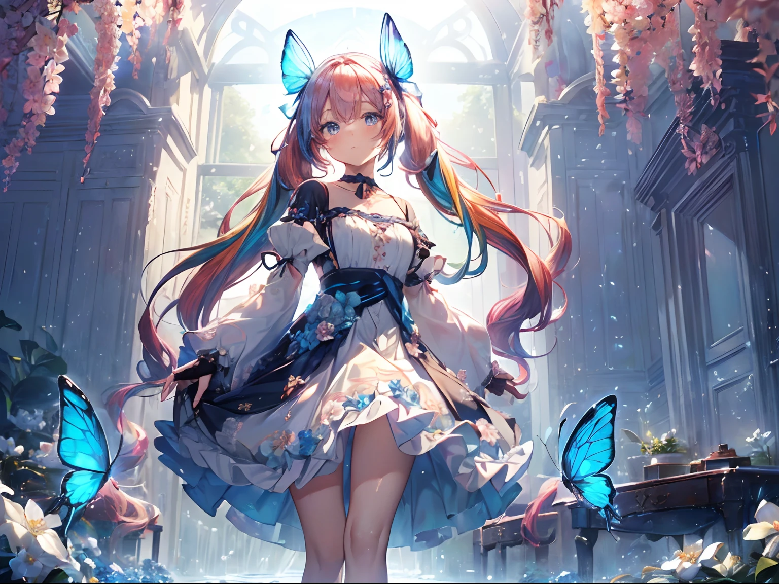 (masutepiece:1.3), (8K, Photorealistic, Raw photo, Best Quality: 1.4), Beautiful face, (Realistic face), Beautiful detailed eyes, (Realistic skin), Attractive, Intricate details,Golden ratio,  1 girl,Naughty smile, (rainbow hair:1.4),((Long twintails,Ribbon 1.4)),（looking-down),Dynamic Angle,ultra-detailliert, illustratio, gros-plan, Straight, One girl, (Fantasia:1.4), (azure eyes:1.233),Her eyes shone like dreamy stars,(radiant eyes:1.233) ,(beautiful and delicate eyes:1.1),((+(Bullhair flower:1.14)),(Chiffon dress,Blue floral pattern on uniform)/=(military outfits:1.24),(no sleeves,Wide sleeves),(Fingerless gloves),a choker,(Miko is not),high-heels,(deadpan,Mouth closure),(Standing), (classical Princess boudoir with dressing tableand french windowin a white ancient palaces),(white blossoms、florals),(abyssal),(flowingwater),(a dull blue world tree:1.14),(Ruins),(natta:1.2 ),Dreamy,Seoul,(fluorescent),(Translucent blue butterfly flight:1.15),[[Delicate fingers and hands:0.55]::0.85],(Fine fingers),(yubao:0.5)