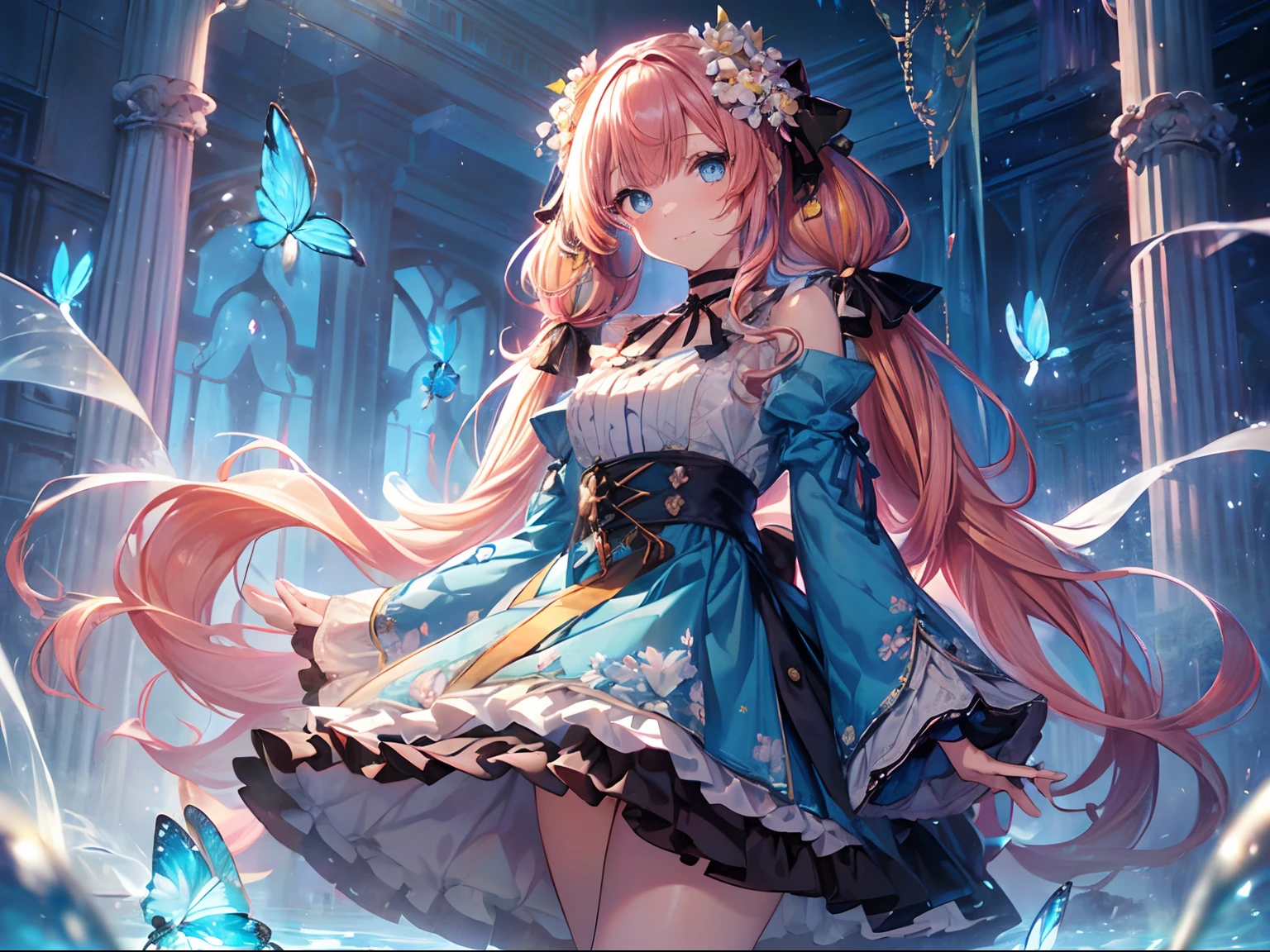 (masutepiece:1.3), (8K, Photorealistic, Raw photo, Best Quality: 1.4), Beautiful face, (Realistic face), Beautiful detailed eyes, (Realistic skin), Attractive, Intricate details,Golden ratio,  1 girl,Naughty smile, (rainbow hair:1.4),((Long twintails,Ribbon 1.4)),（looking-down),Dynamic Angle,ultra-detailliert, illustratio, gros-plan, Straight, One girl, (Fantasia:1.4), (azure eyes:1.233),Her eyes shone like dreamy stars,(radiant eyes:1.233) ,(beautiful and delicate eyes:1.1),((+(Bullhair flower:1.14)),(Chiffon dress,Blue floral pattern on uniform)/=(military outfits:1.24),(no sleeves,Wide sleeves),(Fingerless gloves),a choker,(Miko is not),high-heels,(deadpan,Mouth closure),(Standing), (classical Princess boudoir with dressing tableand french windowin a white ancient palaces),(white blossoms、florals),(abyssal),(flowingwater),(a dull blue world tree:1.14),(Ruins),(natta:1.2 ),Dreamy,Seoul,(fluorescent),(Translucent blue butterfly flight:1.15),[[Delicate fingers and hands:0.55]::0.85],(Fine fingers),(yubao:0.5)