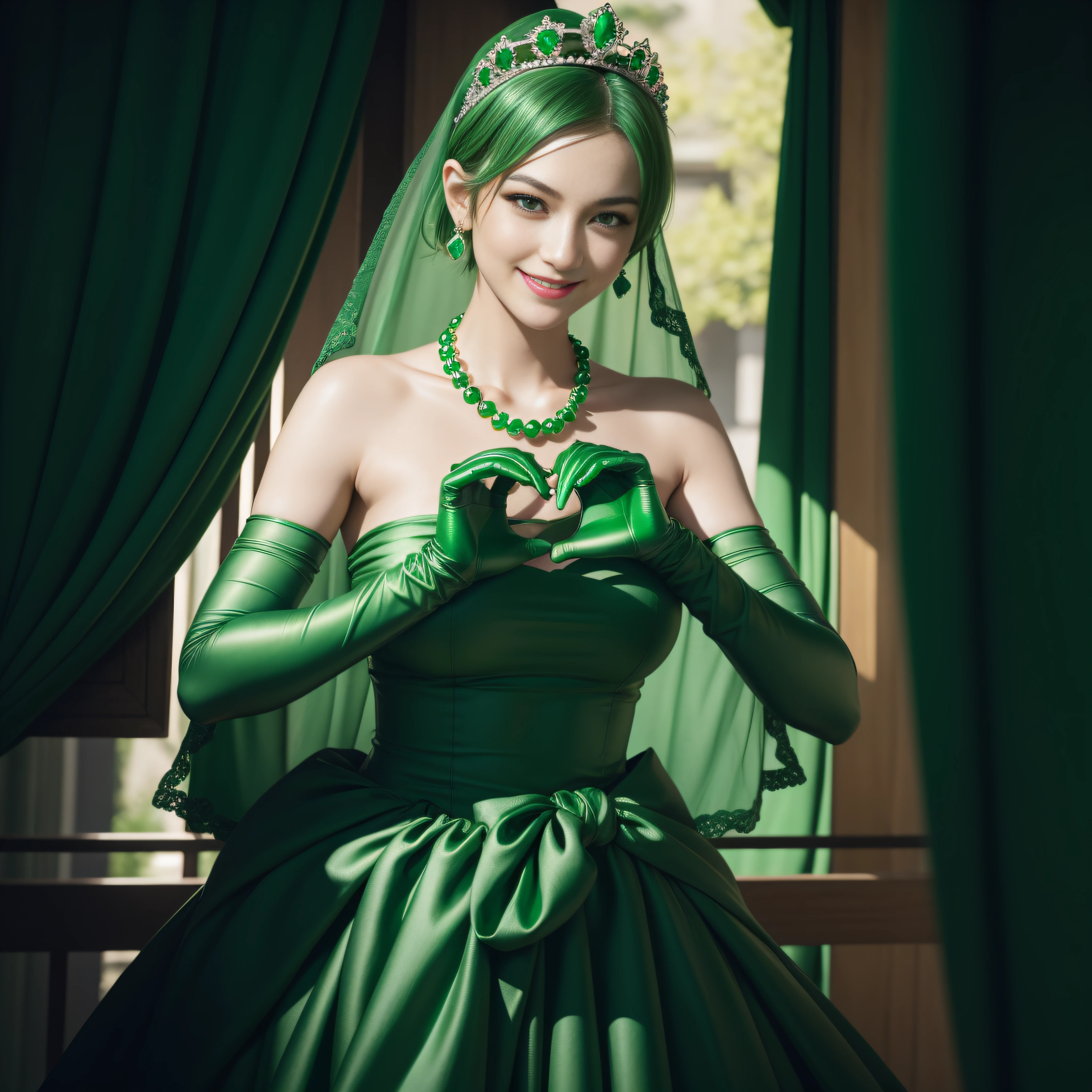 emerald tiara, Green Pearl Necklace, Boyish green berry short hair, lipstick, smiling Japanese woman, very short hair, big breasts beautiful, green eyes, green satin long gloves, green eyes, v sign, emerald earrings, Green veil, green lip gloss
