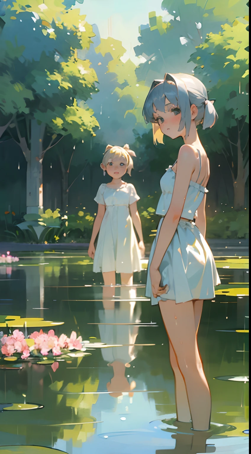 In Claude Monet style, Impressionism, (2 girls), white camisole, Both are 16 years old, one girl is short silver hair, one girl is blond pony tail, pond, ((wet)) curtsey, close to viewer, cheek-to-cheek