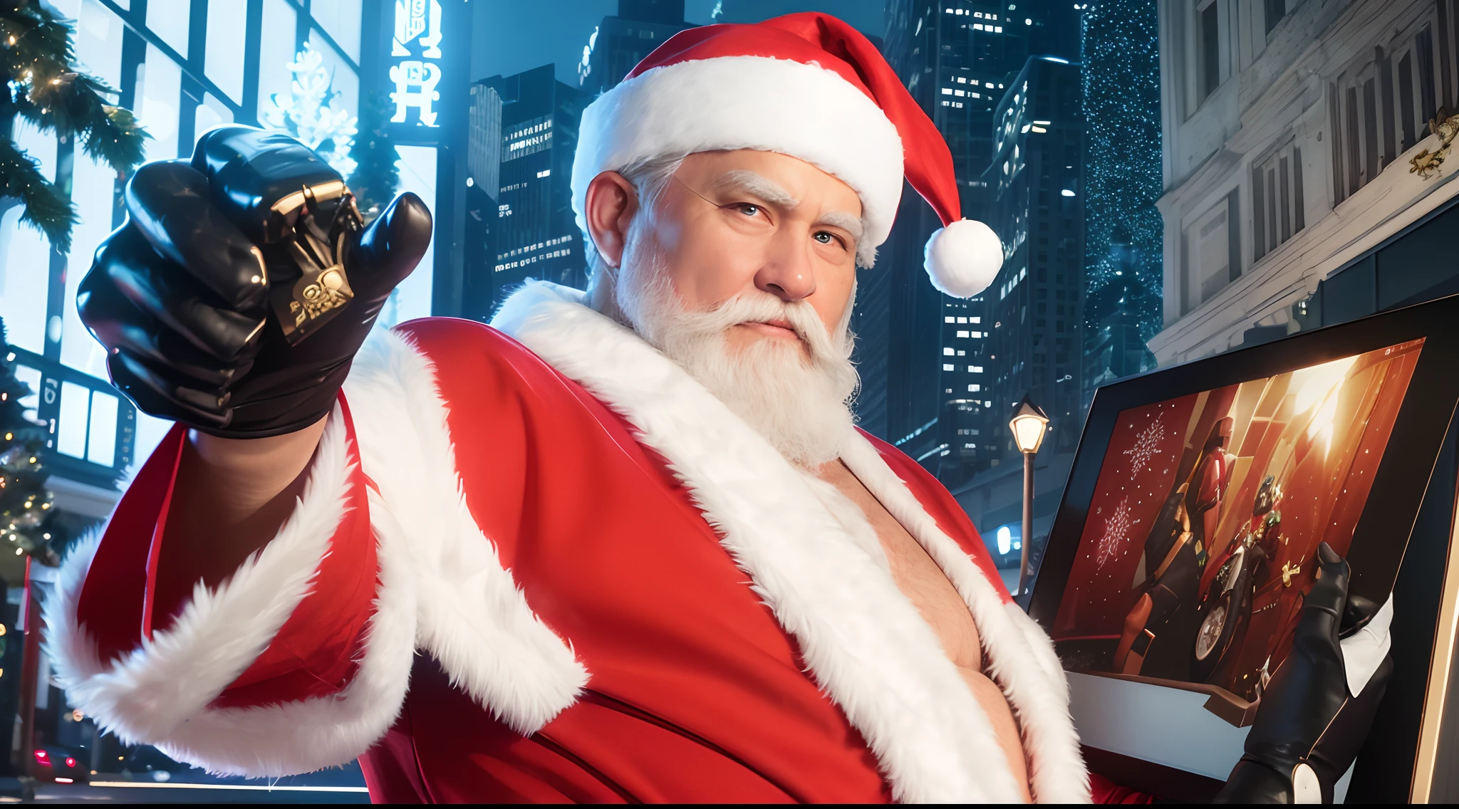 Christmas Sale Poster,Santa Claus drives a Lamborghini,cyber punk perssonage,Santa Claus delivers a Lamborghini