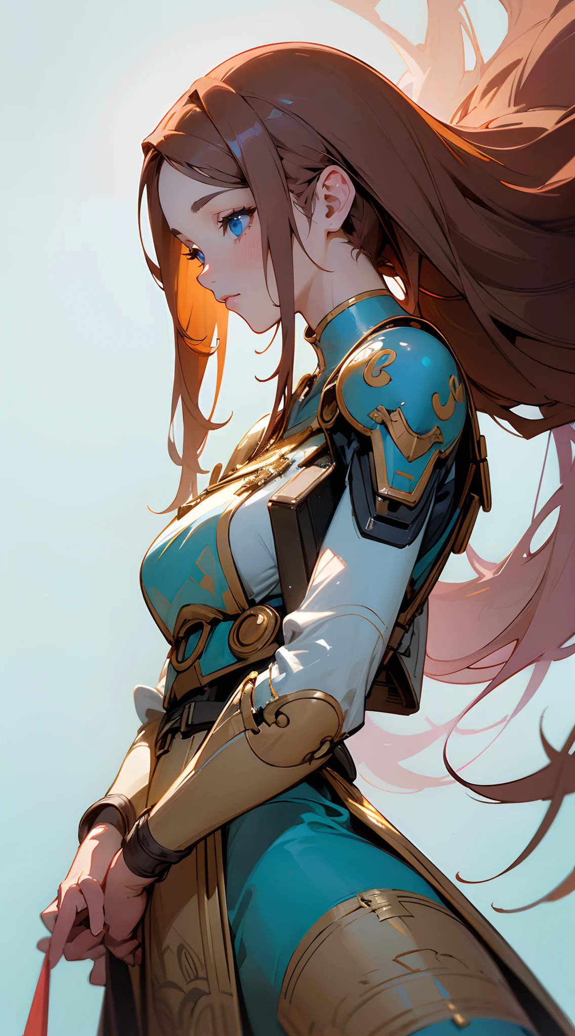 A stunning woman , extremely long hair , reddish brown hair , hair in pig tails , straight hair , baby blue eyes , large chest , age 34 ,

in the style of cyberpunk futurism, african influence, etam cru, light blue and gold, michael creese, steelpunk, michael hussar, white background

(masterpiece, best quality:1.3),beautiful detailed glow,best illuminate,(((best quality,textile shading,ultra detailed))),extremely detailed CG unity 8k wallpaper,Highly Detailed beautiful and aesthetic,best light,high resolution,detailed,dynamic lighting , 1Character ,  pastel washed out colors , cell shade , soft, muted shades ,gentle colors ,