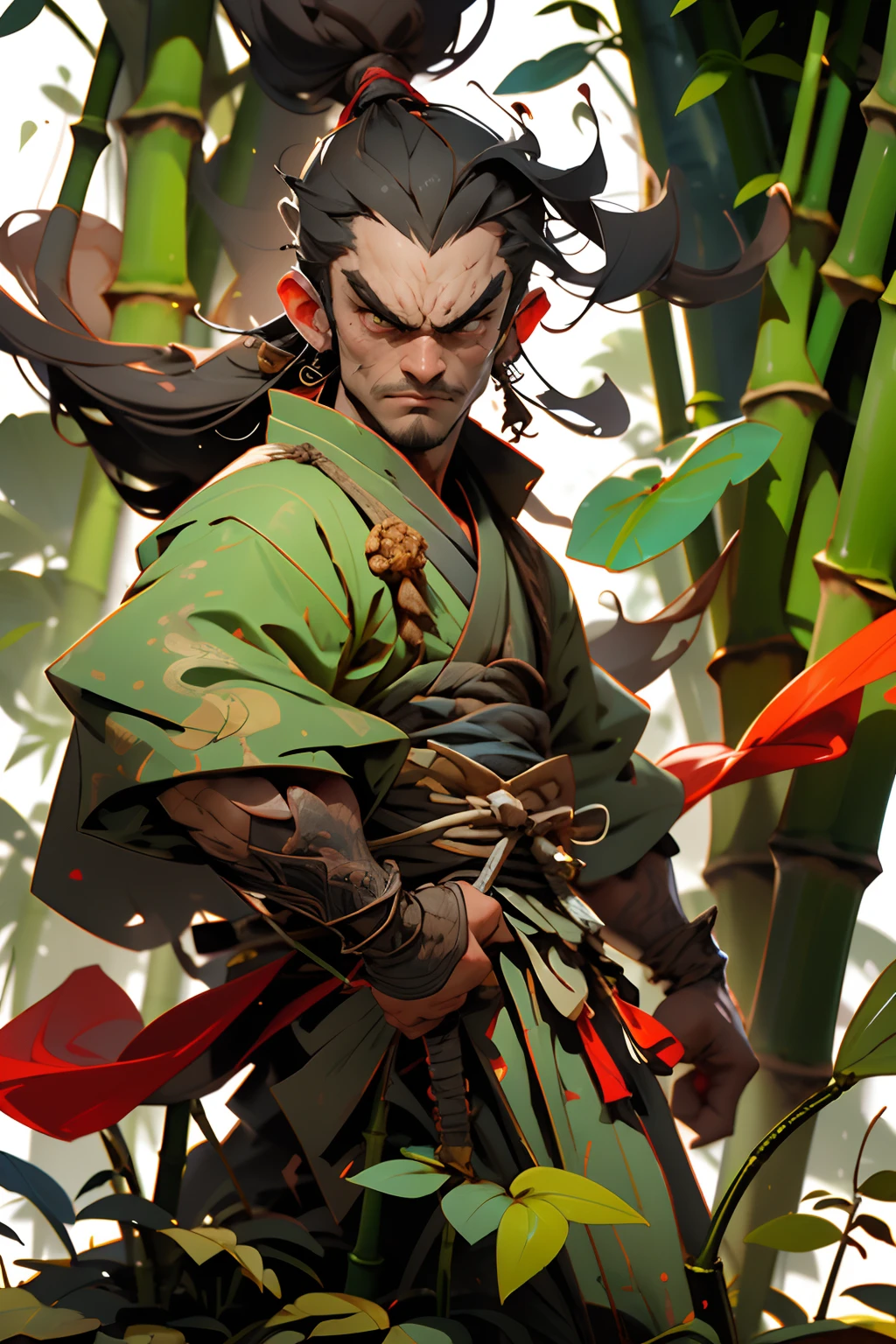 Best quality, Masterpiece,1 boy, full bodyesbian, Long hair, Angry,tchibi,Cute, Chinese assassin dressed in black, ((Bamboo forest))