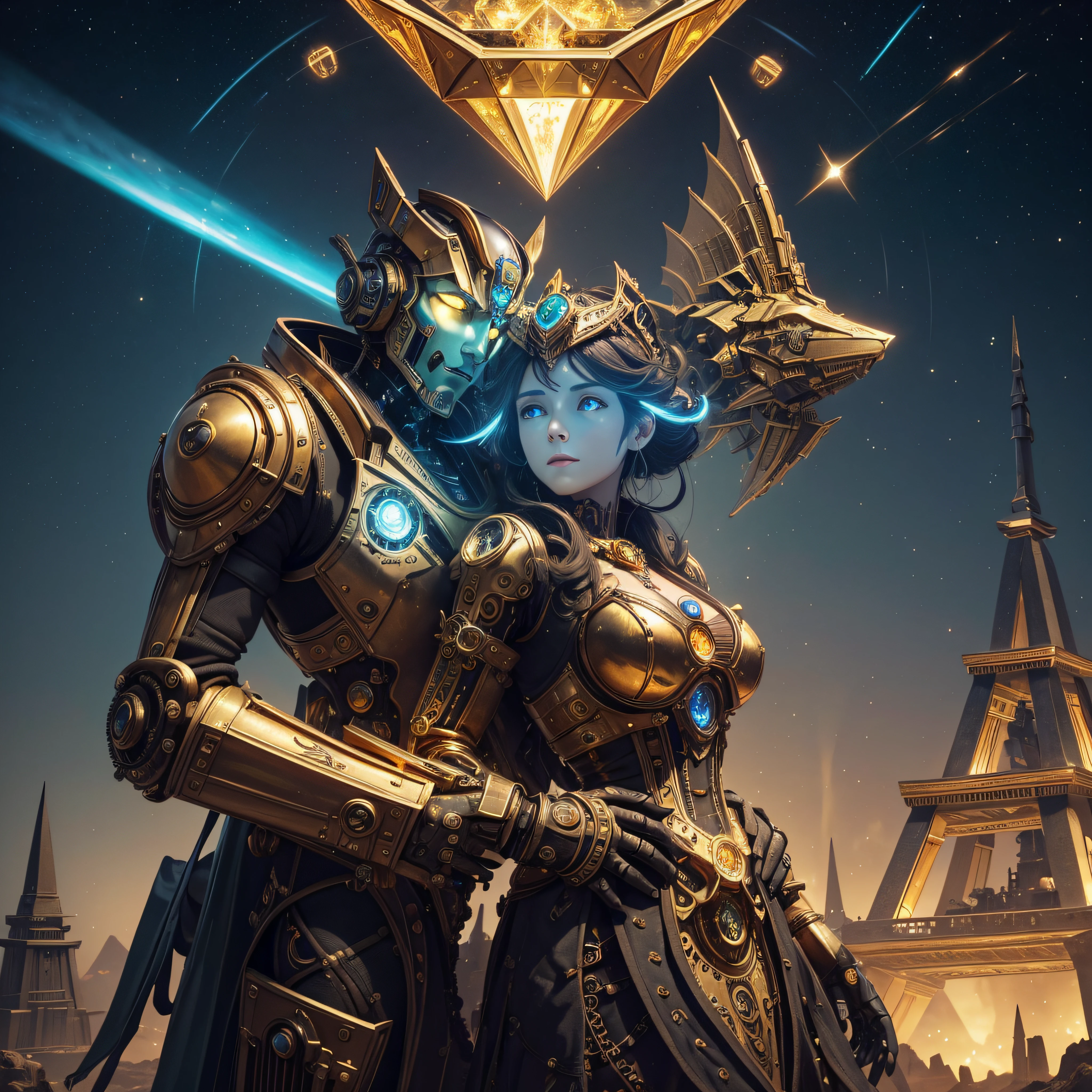 a Robot and a steampunk princess hugs a steampunk Robot with a hart of gold,with green and blue colors all in very detailed steampunk style, dynamic light, beautiful, H.R.Giger , Jules Verne, HZ Steampunk, in the background pyramids of onyx and gold, black obsidian glass terrain, with piramid structures and celestial glow. (highly detailed, geometric grid), middle of a serene sky, triangular, elements, hyper detailed, with Inca filer of gold, high resolution, cinema 4D