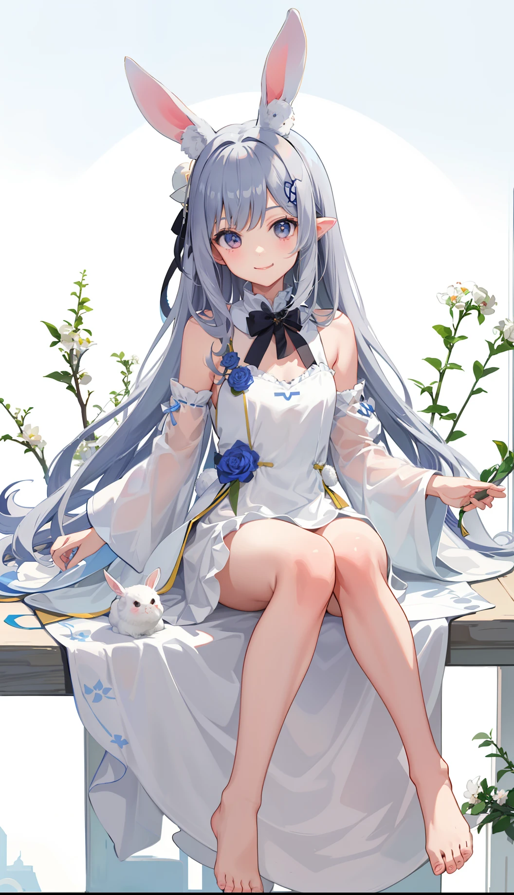 Anime girl sitting on a bench with a flower in her hand - SeaArt AI